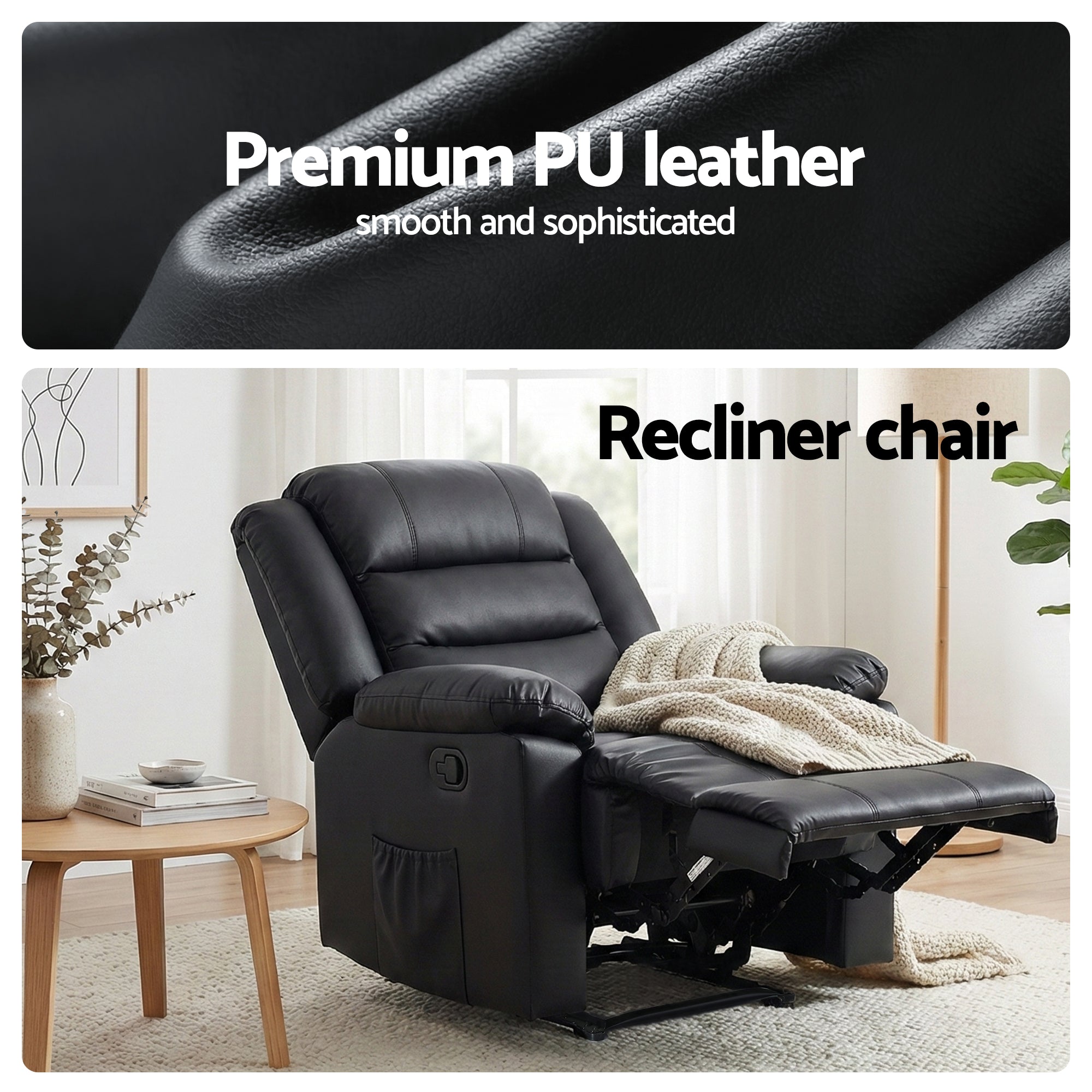Artiss Manual Recliner Chair Leather Reclining Sofa with 16color Led Black