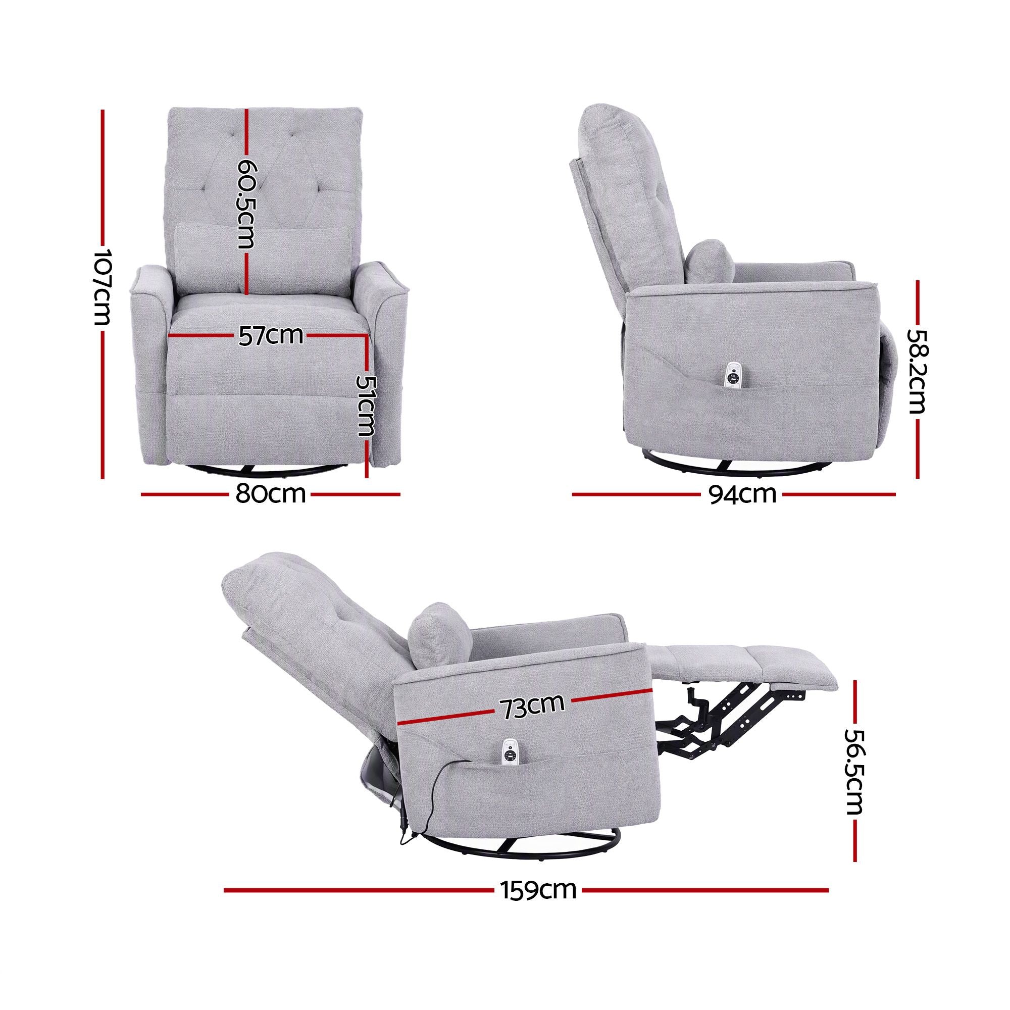 Artiss Electric Massage Recliner Chair with 270° Swivel & Heat, Grey Bedworld