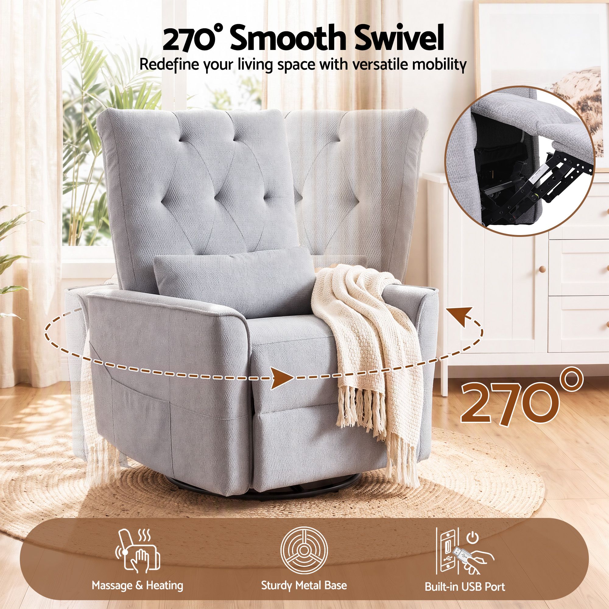 Artiss Electric Massage Recliner Chair with 270° Swivel & Heat, Grey Bedworld