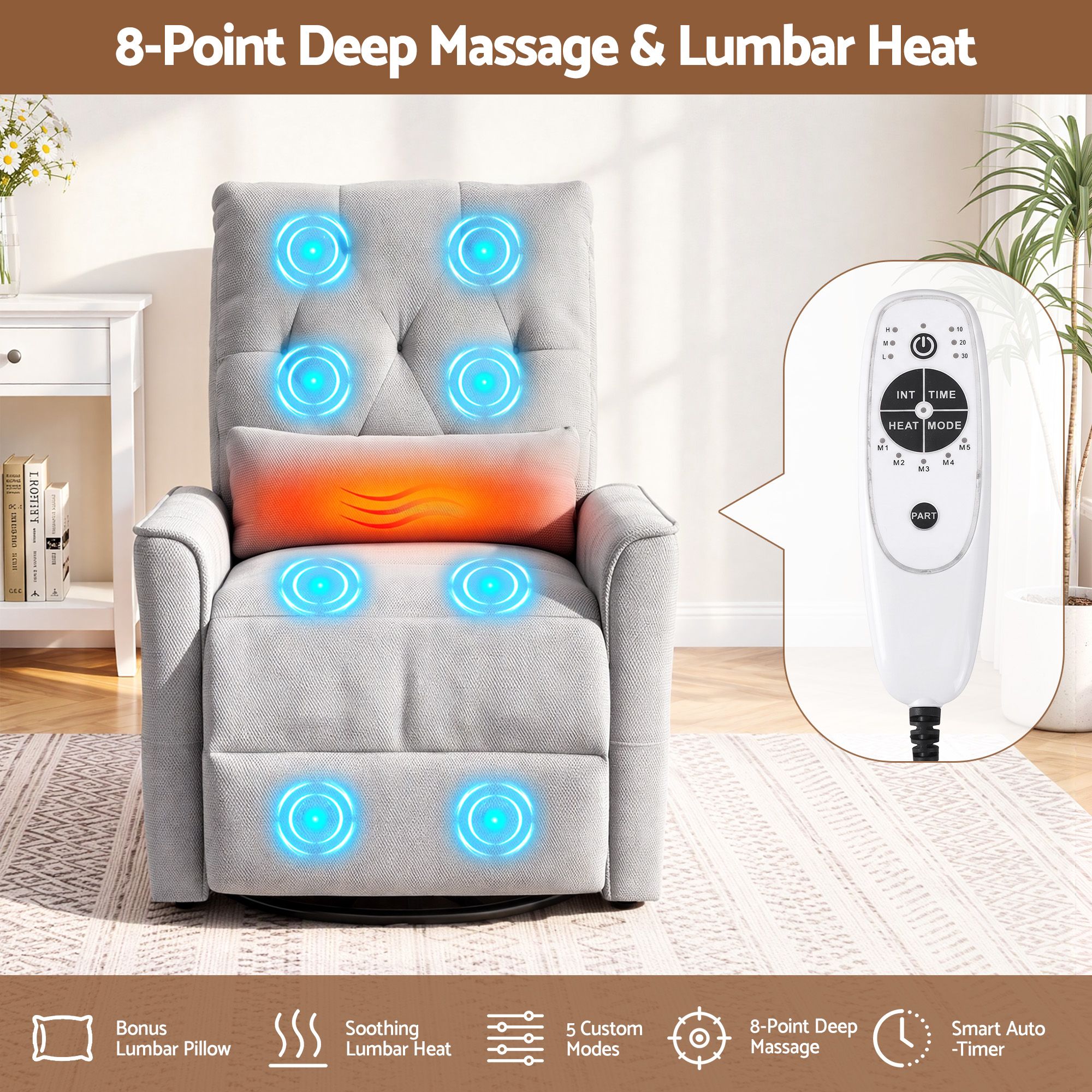 Artiss Electric Massage Recliner Chair with 270° Swivel & Heat, Grey Bedworld
