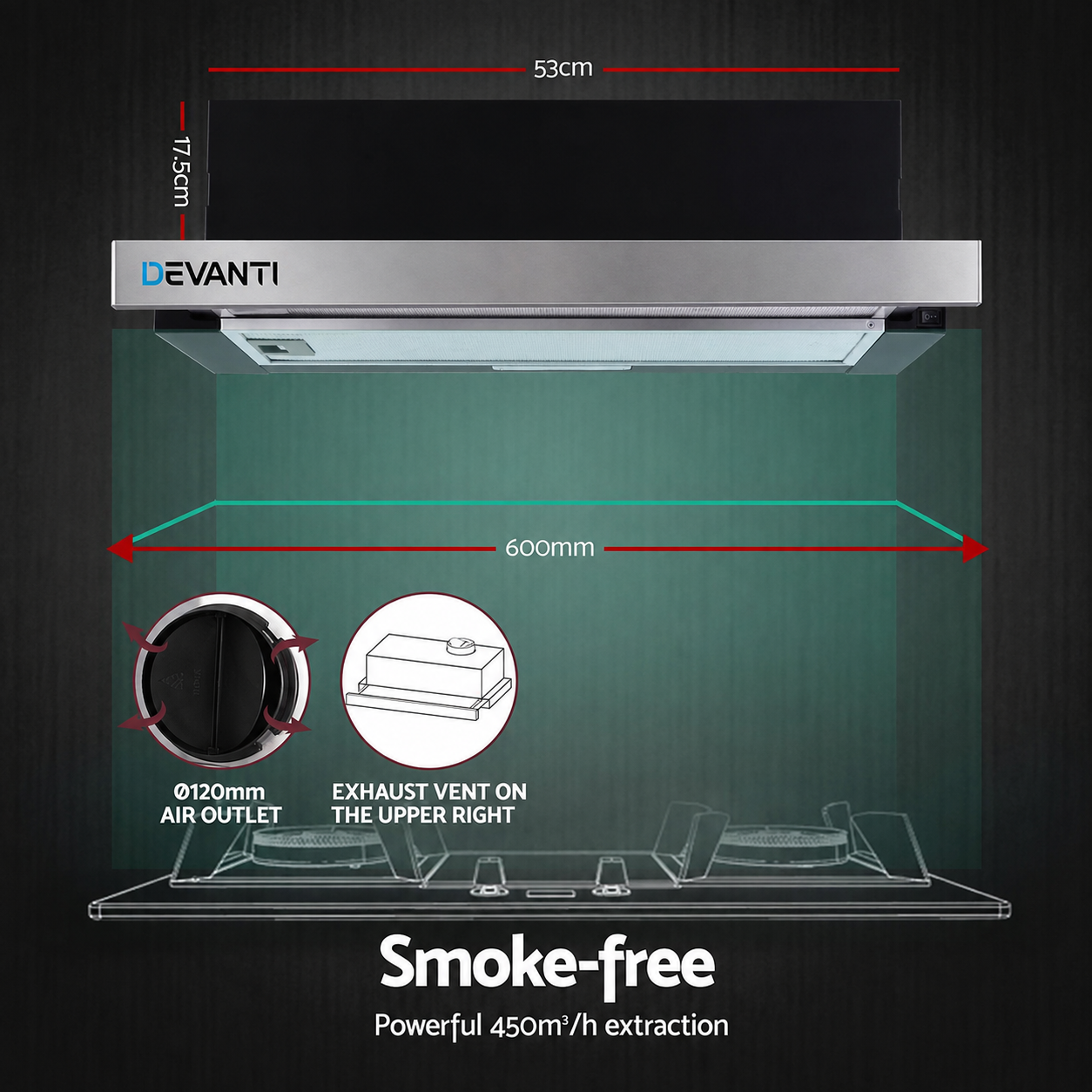 Devanti 600mm Range Hood 60cm Slide out Rangehood Stainless Steel Bedworld