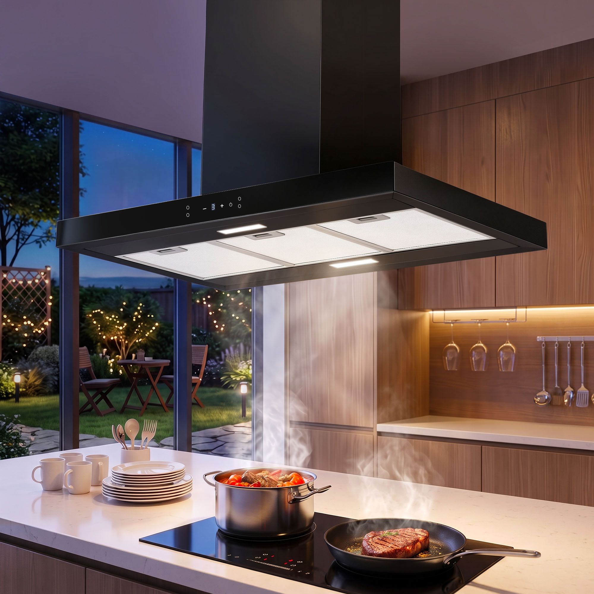 Devanti 90cm Island Rangehood Ceiling-Mounted 3-Speed Touch Control LED Black Bedworld
