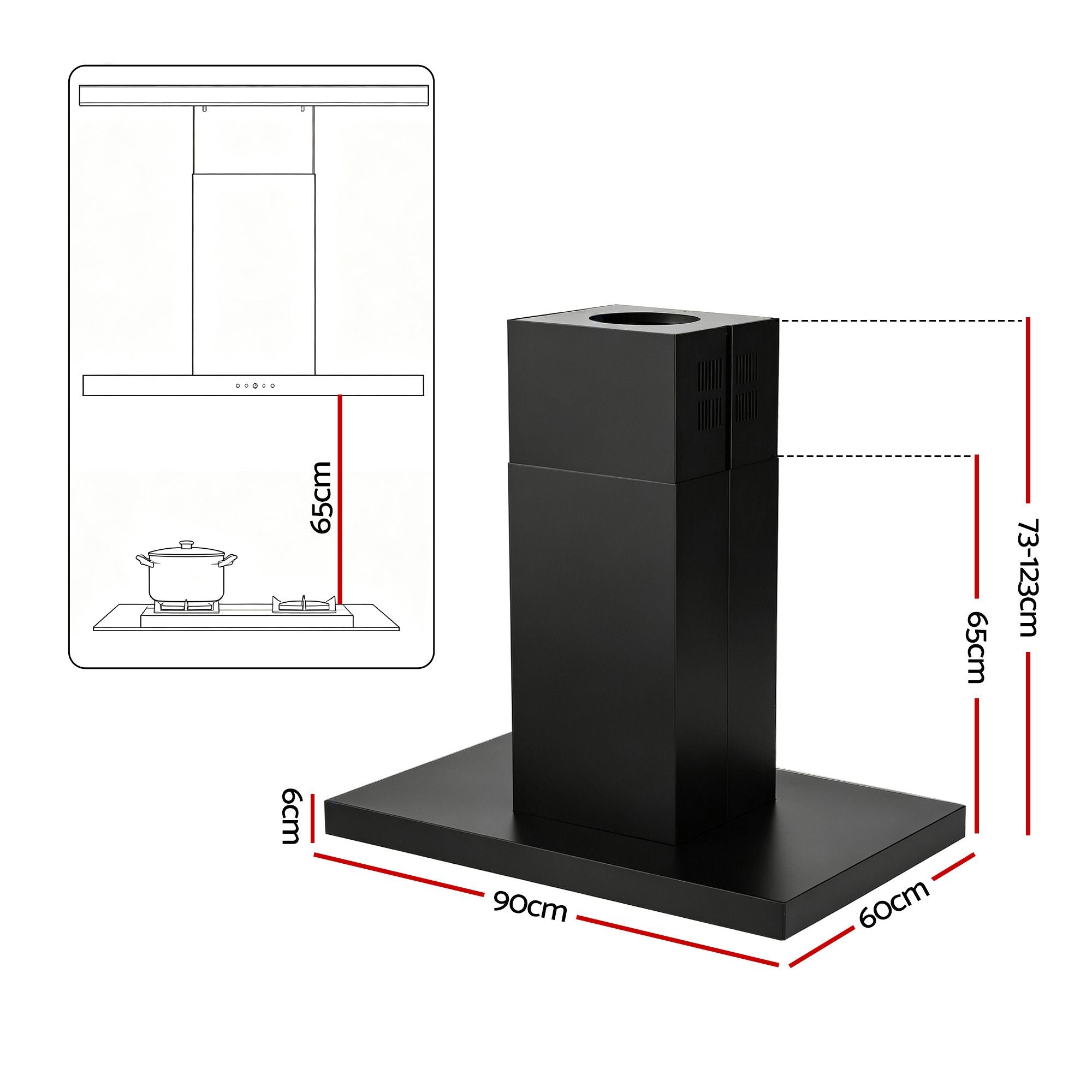 Devanti 90cm Island Rangehood Ceiling-Mounted 3-Speed Touch Control LED Black Bedworld