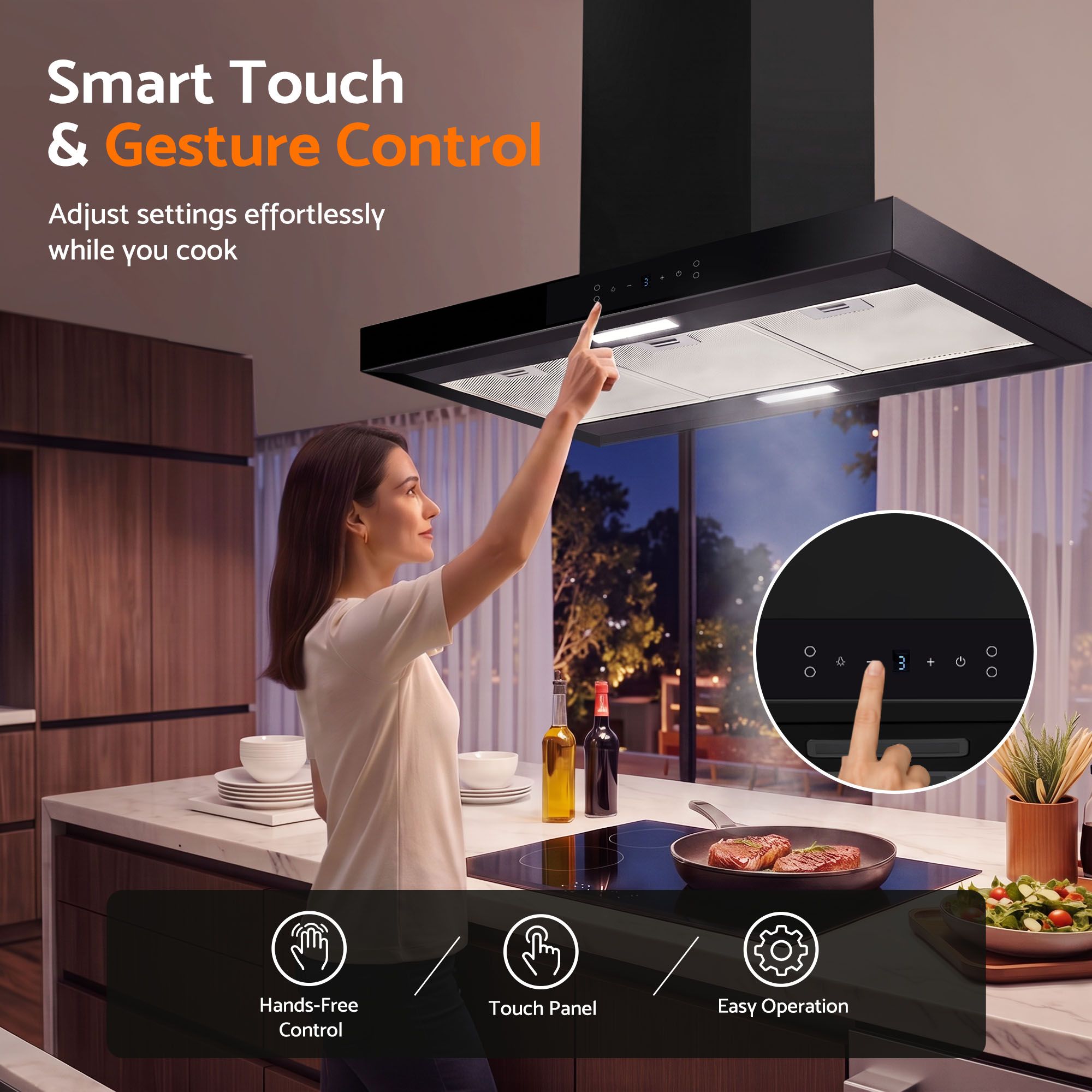 Devanti 90cm Island Rangehood Ceiling-Mounted 3-Speed Touch Control LED Black Bedworld