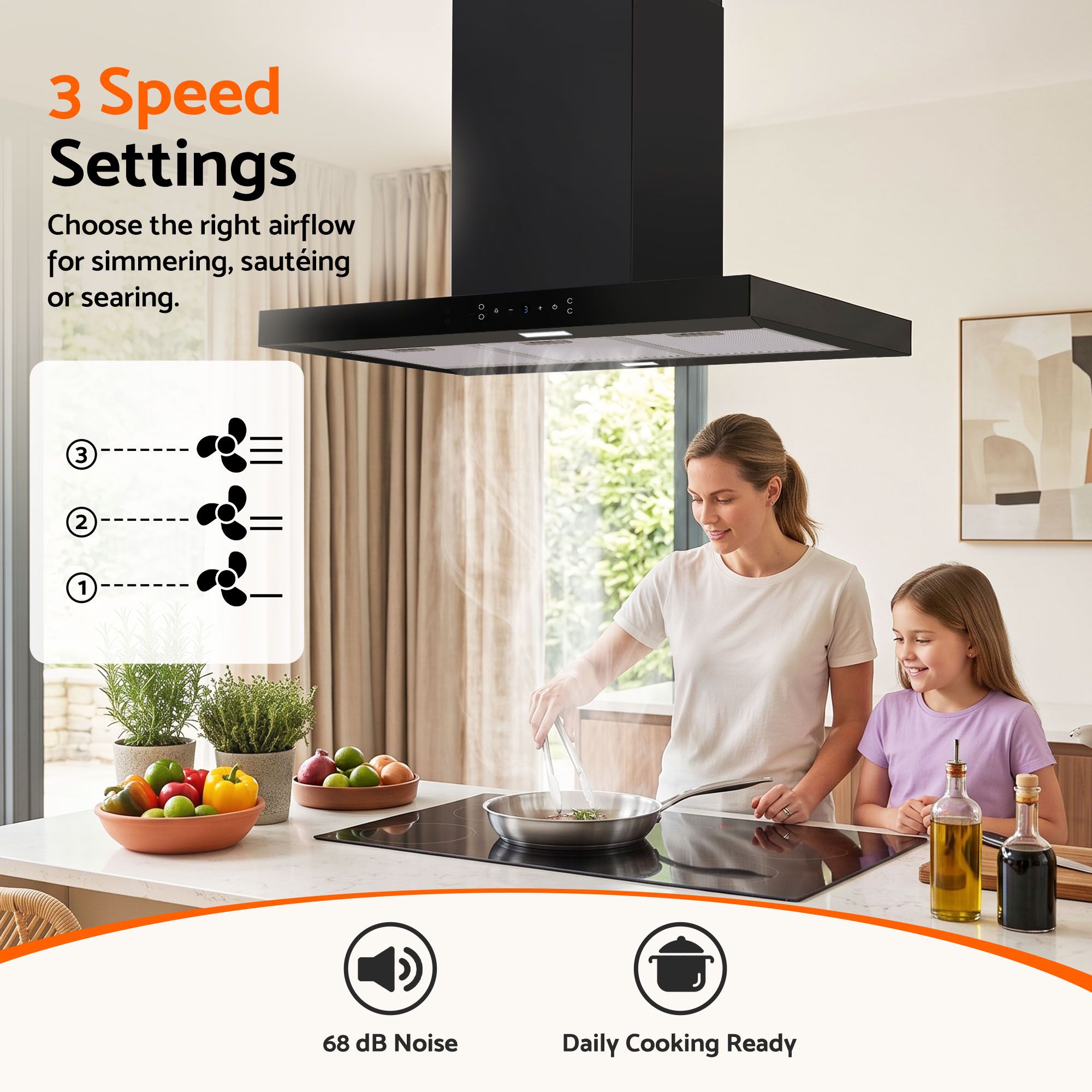 Devanti 90cm Island Rangehood Ceiling-Mounted 3-Speed Touch Control LED Black Bedworld