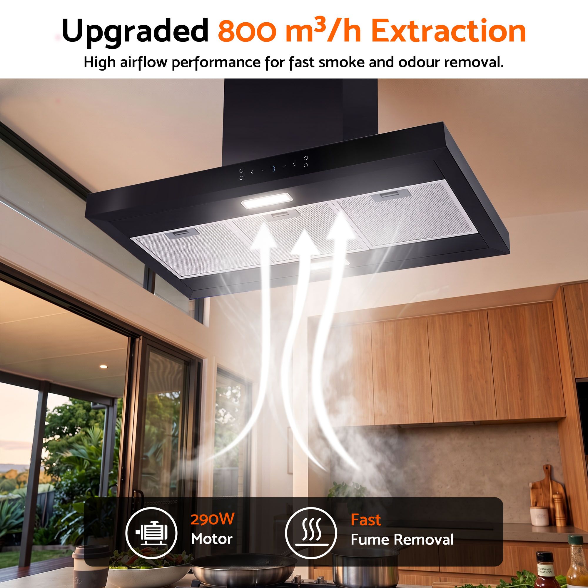 Devanti 90cm Island Rangehood Ceiling-Mounted 3-Speed Touch Control LED Black Bedworld
