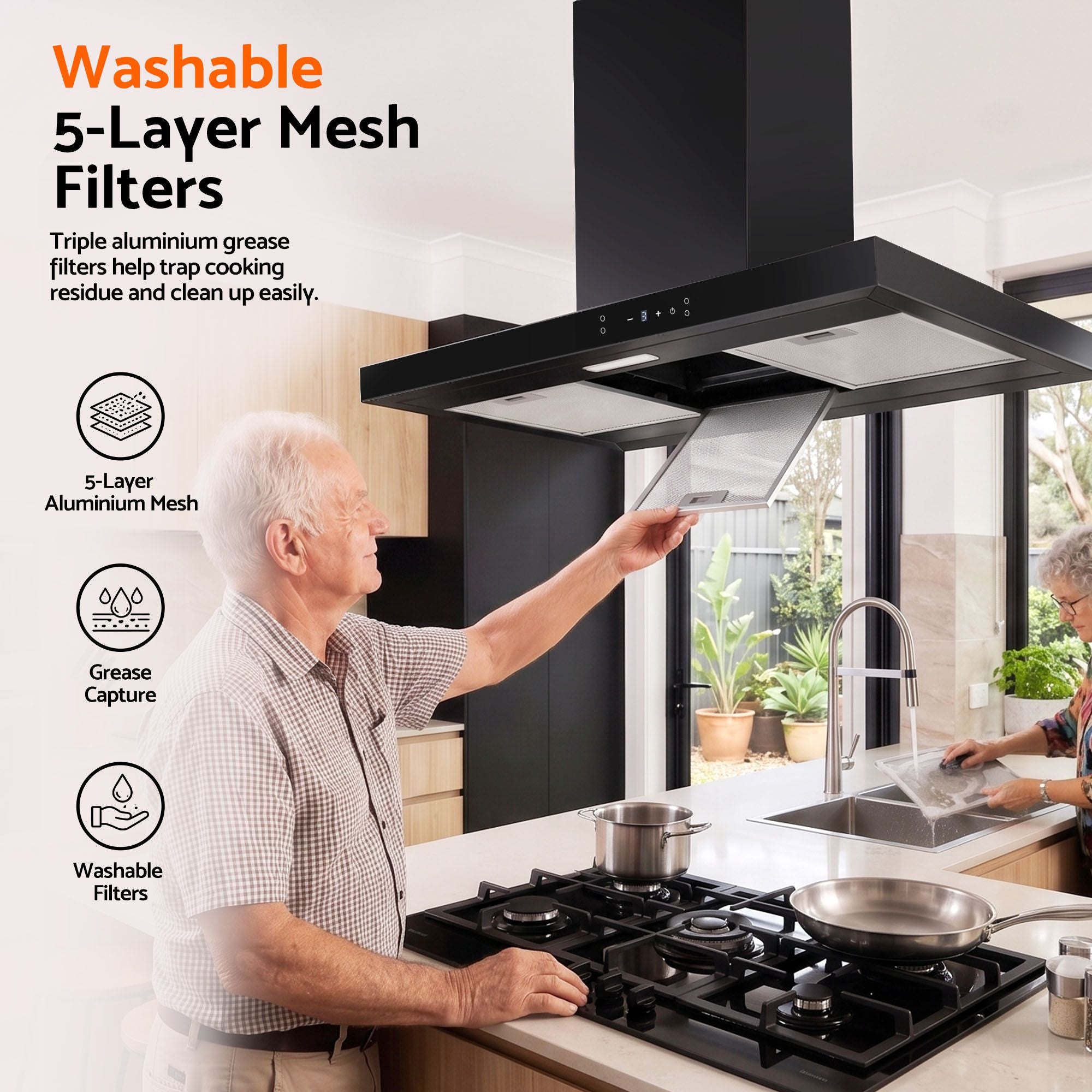 Devanti 90cm Island Rangehood Ceiling-Mounted 3-Speed Touch Control LED Black Bedworld