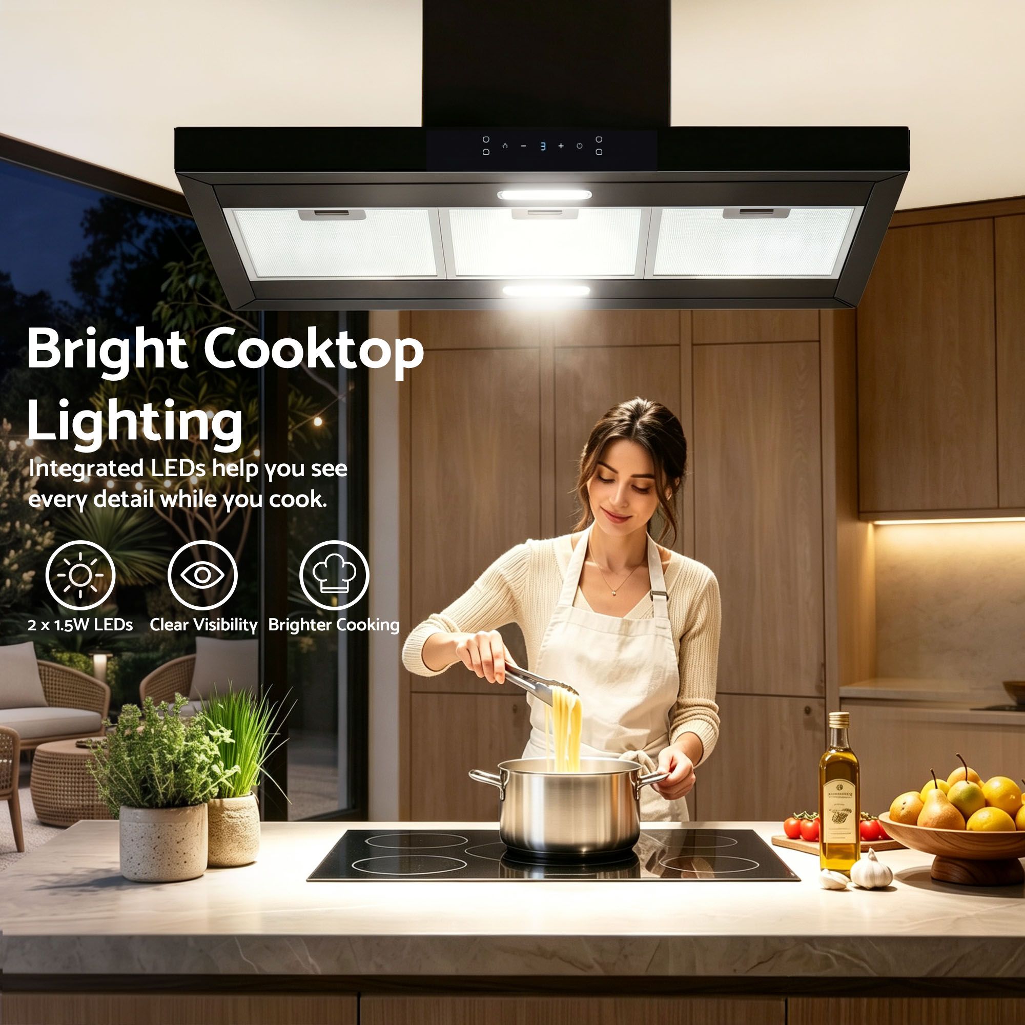 Devanti 90cm Island Rangehood Ceiling-Mounted 3-Speed Touch Control LED Black Bedworld