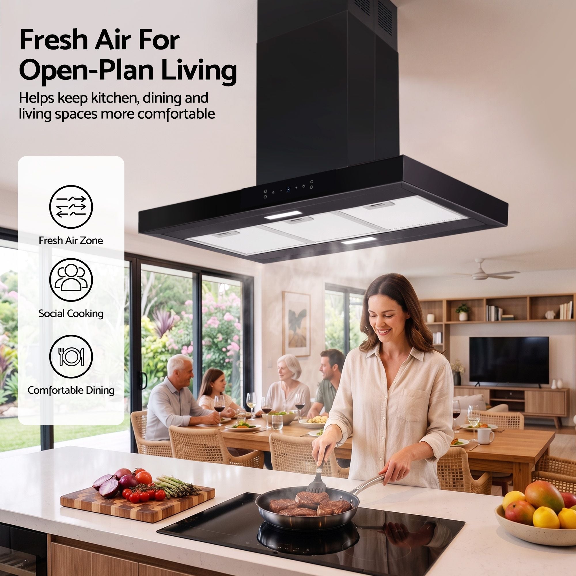 Devanti 90cm Island Rangehood Ceiling-Mounted 3-Speed Touch Control LED Black Bedworld