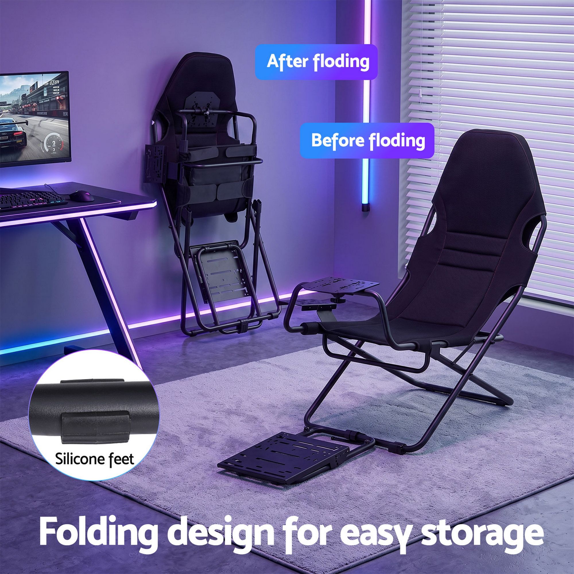 Artiss Steel Foldable Racing Simulator Cockpit Seat Wheel Stand Gear Shifter Mount Black Bedworld
