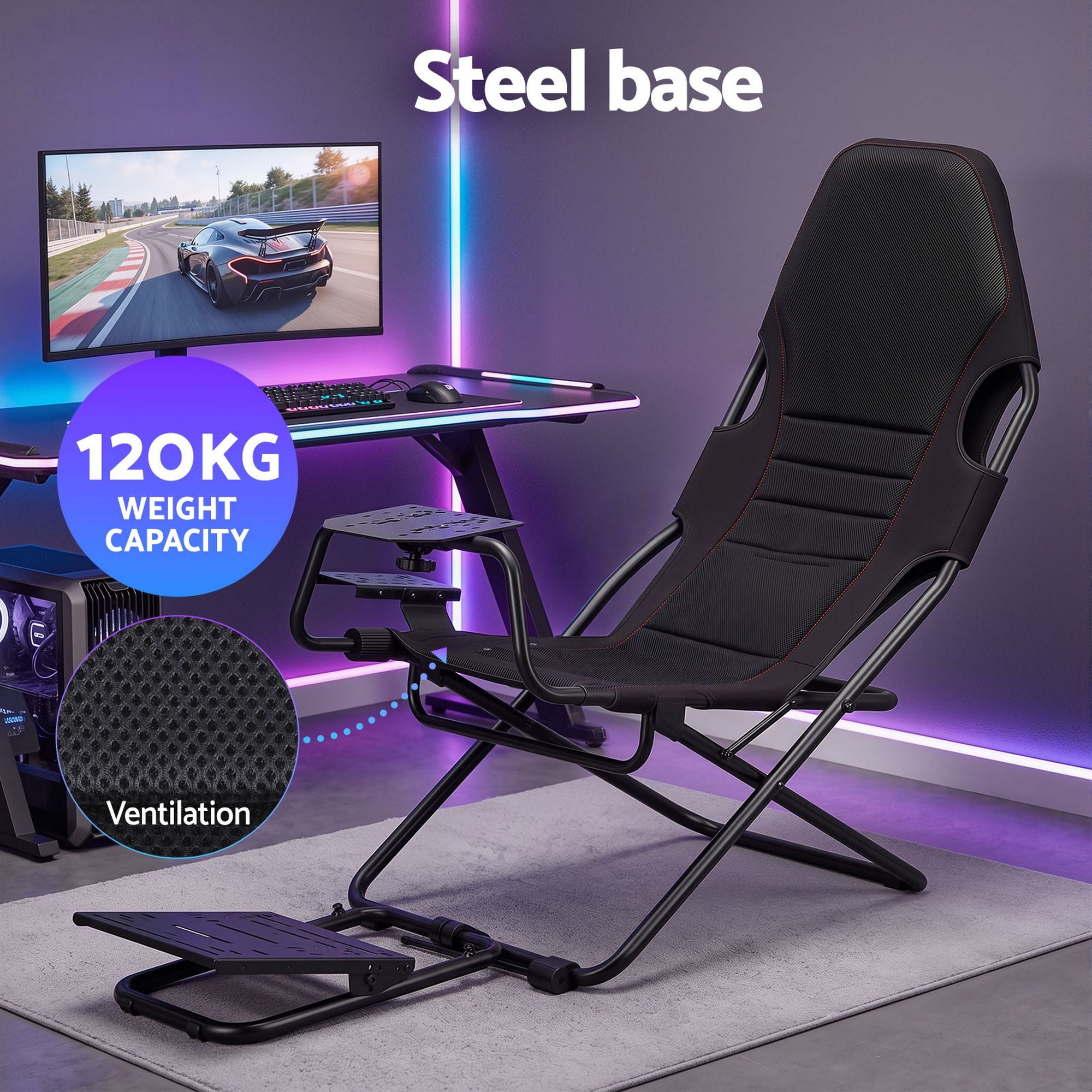 Artiss Steel Foldable Racing Simulator Cockpit Seat Wheel Stand Gear Shifter Mount Black Bedworld