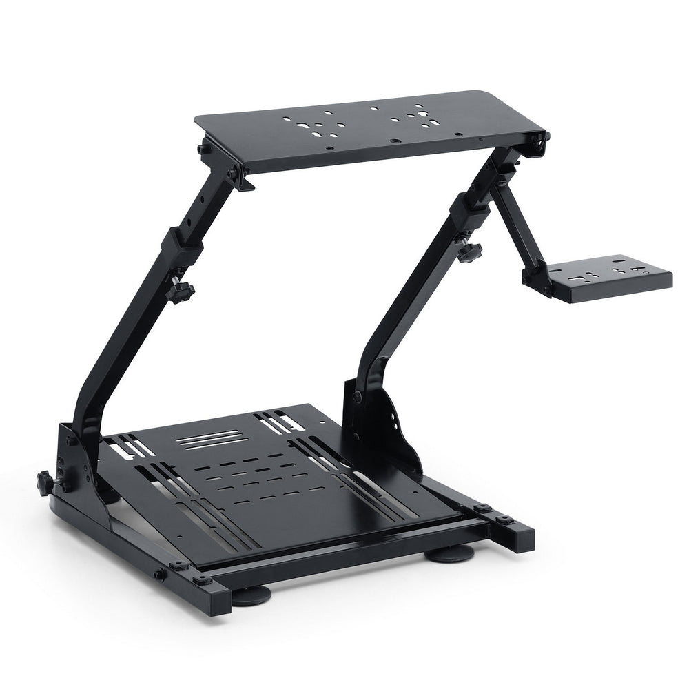 Foldable racing wheel stand with perforated top and base, dark metal frame