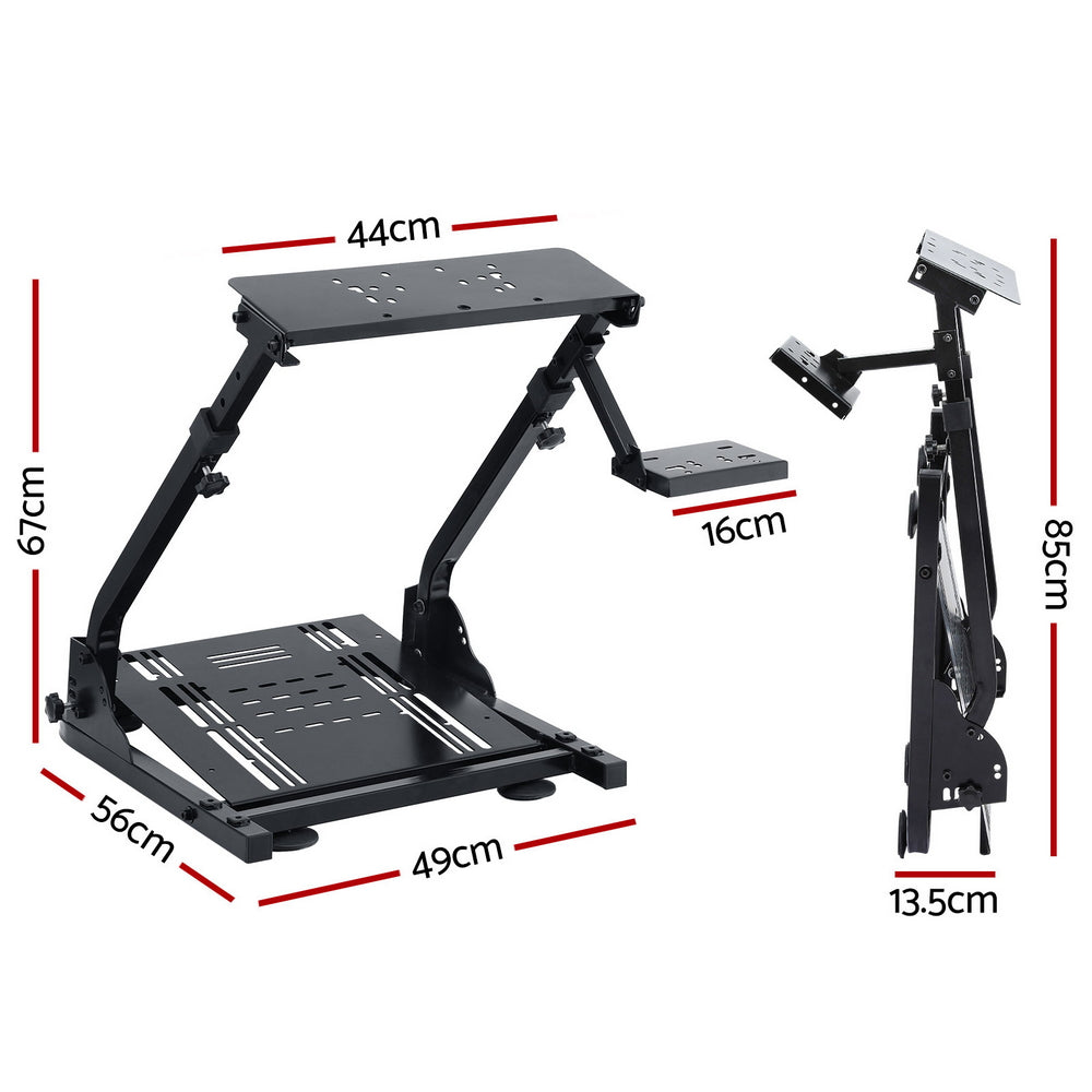 Foldable racing wheel stand with adjustable support arms, dark metal frame