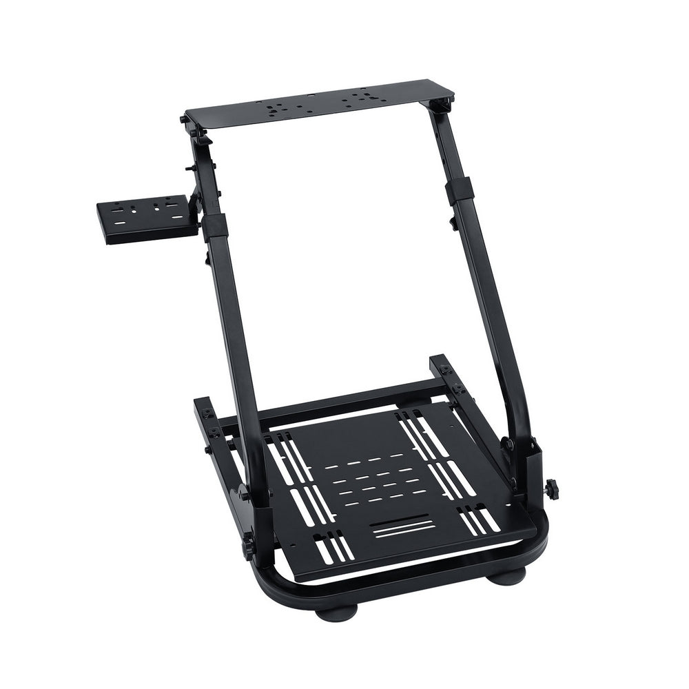 Foldable racing wheel stand with upper plate and pedal foot platform, dark metal