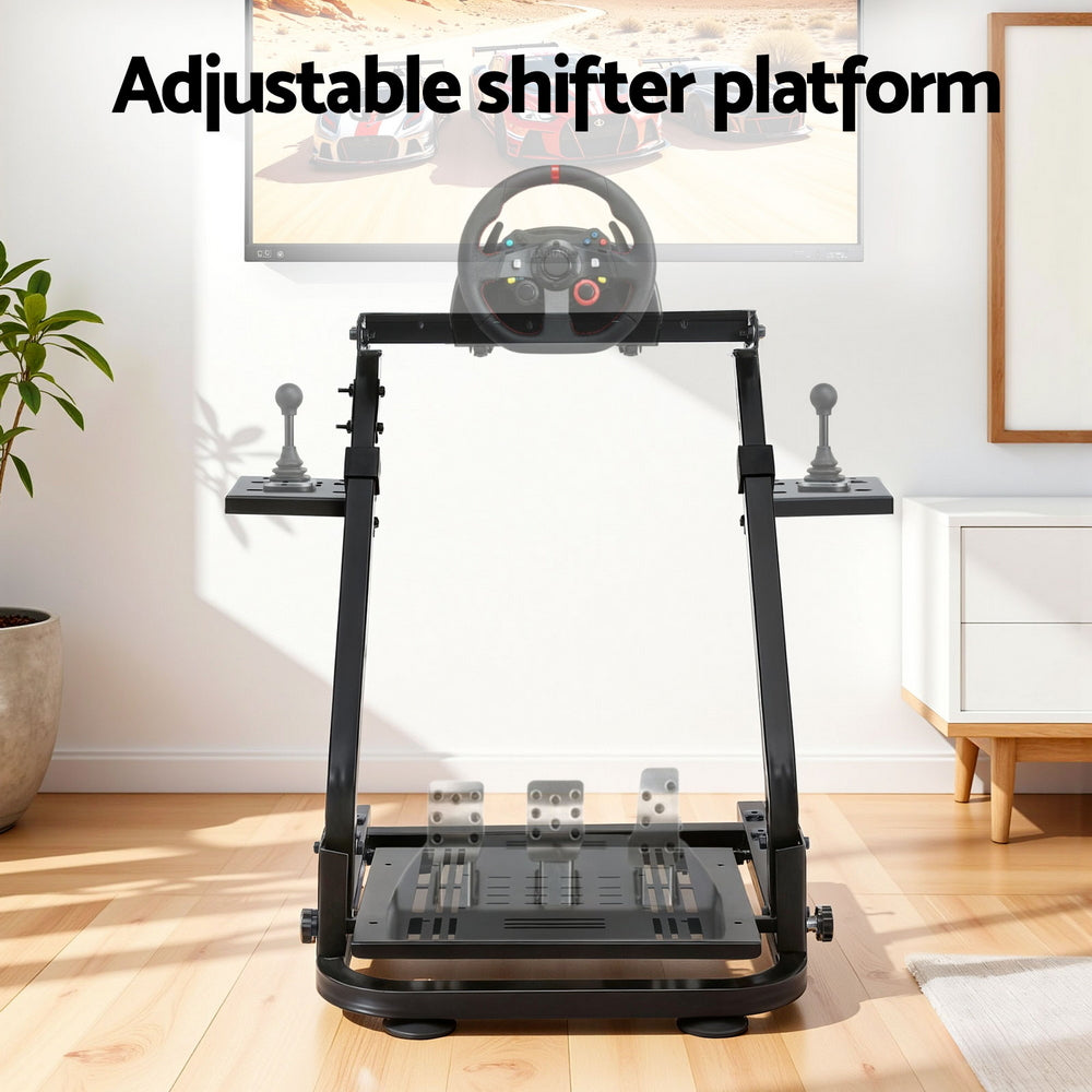 Adjustable racing wheel stand with steering base, shifter and pedal platforms, dark metal