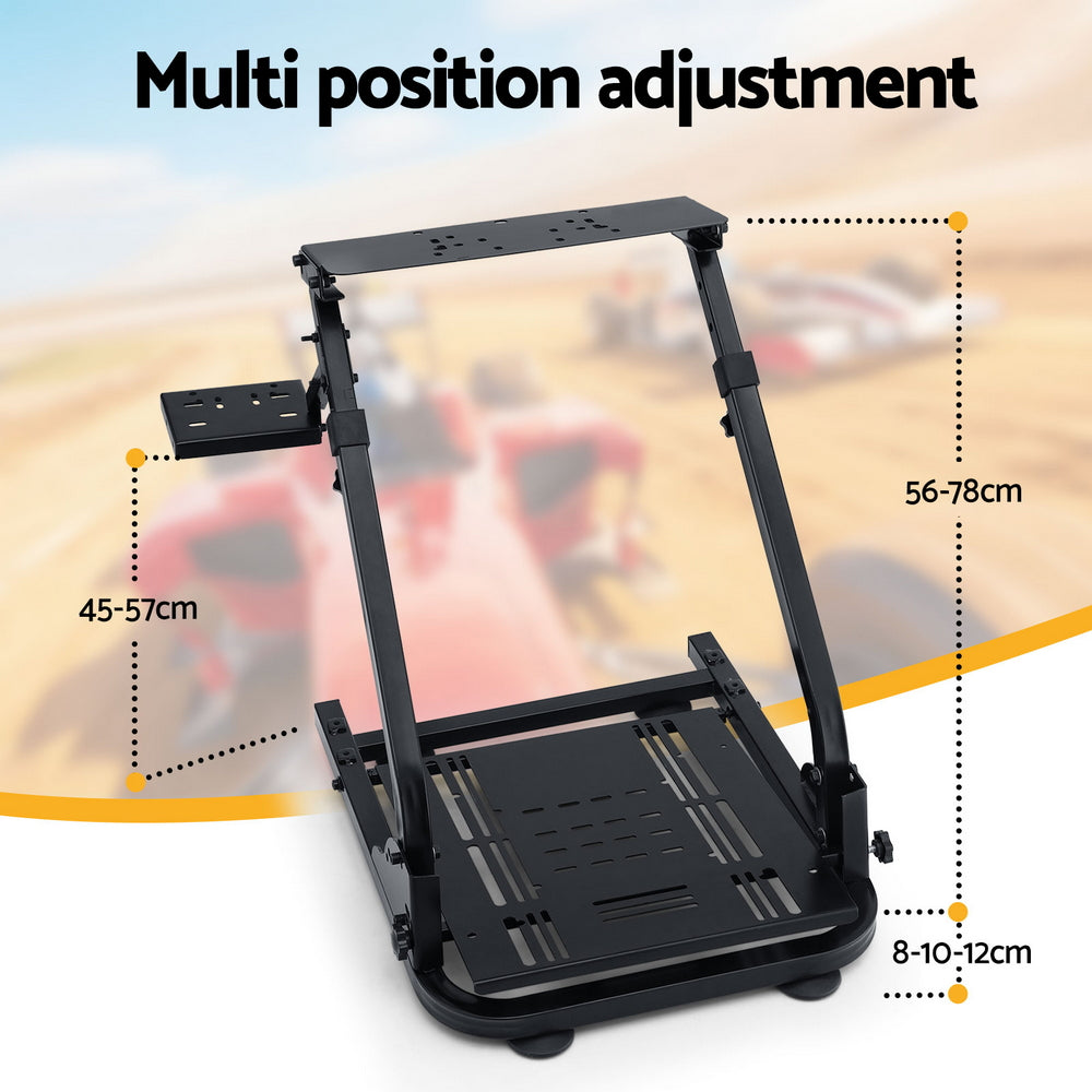 Multi-position racing wheel stand with adjustable upright frame, dark metal