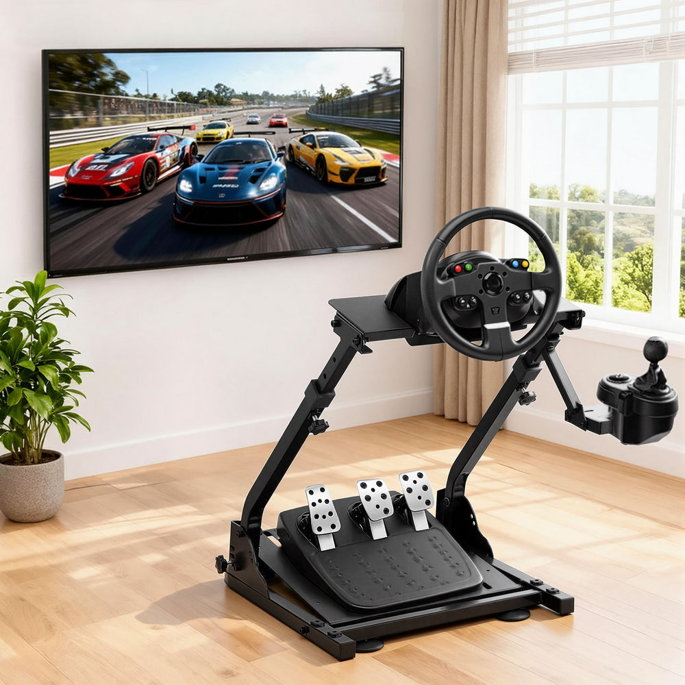 Racing wheel stand with steering wheel mount and pedal platform, dark metal