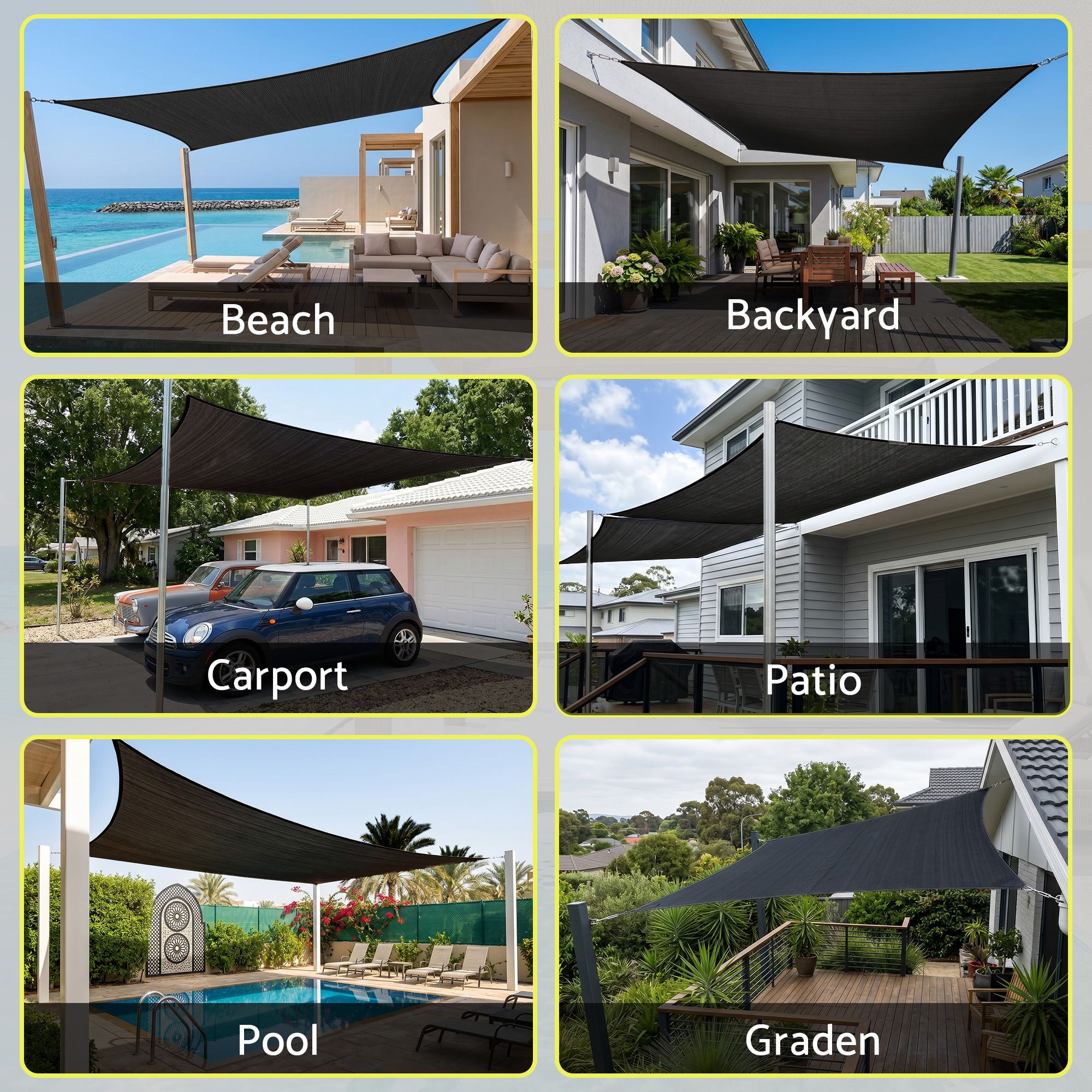 Instahut Sun Shade Sail Cloth 98% UV Block Outdoor Canopy Rectangle 5X6M Black Bedworld