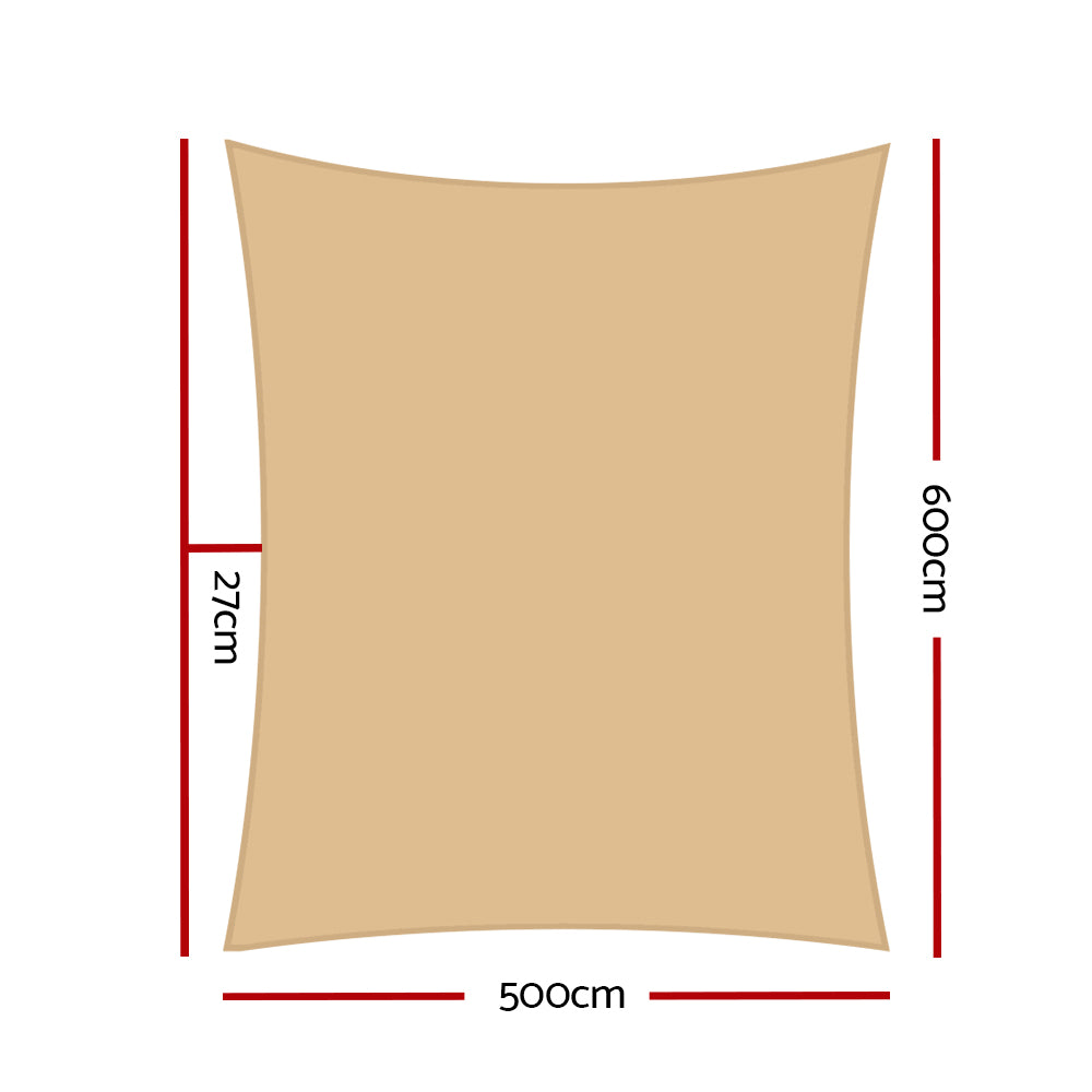 Sand rectangular shade sail cover with size markings: 500cm wide, 72cm tall
