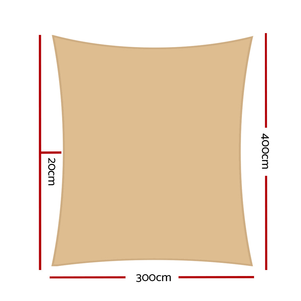 Sand rectangle shade sail size diagram, 300cm wide and 200cm sides.