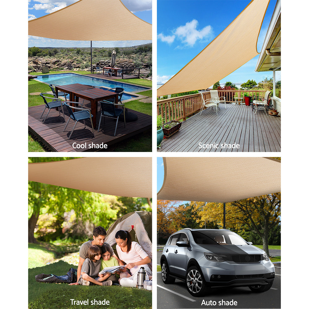 Sand rectangle shade sail stretched over an outdoor patio seating area.
