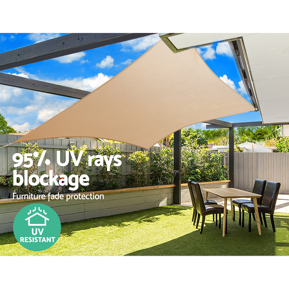 Sand rectangle shade sail canopy attached at corners under outdoor roof frame.
