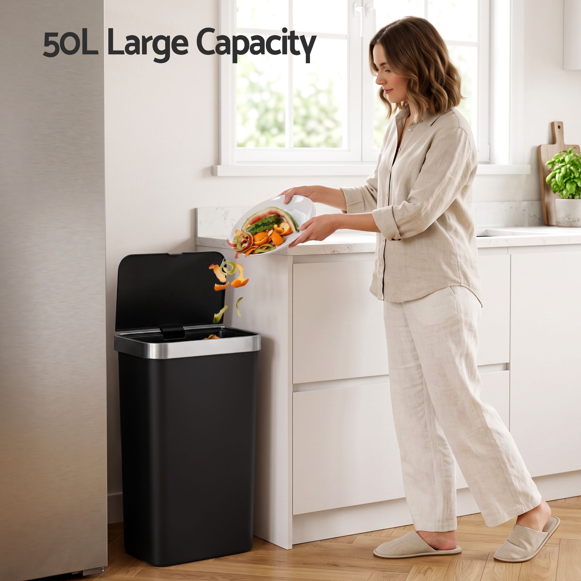 Devanti 50L Motion Sensor Trash Bin Automatic Kitchen Waste Dustbin Black Bedworld