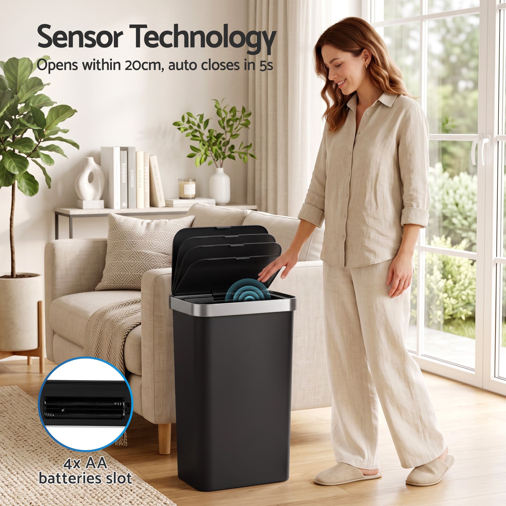 Devanti 50L Motion Sensor Trash Bin Automatic Kitchen Waste Dustbin Black Bedworld