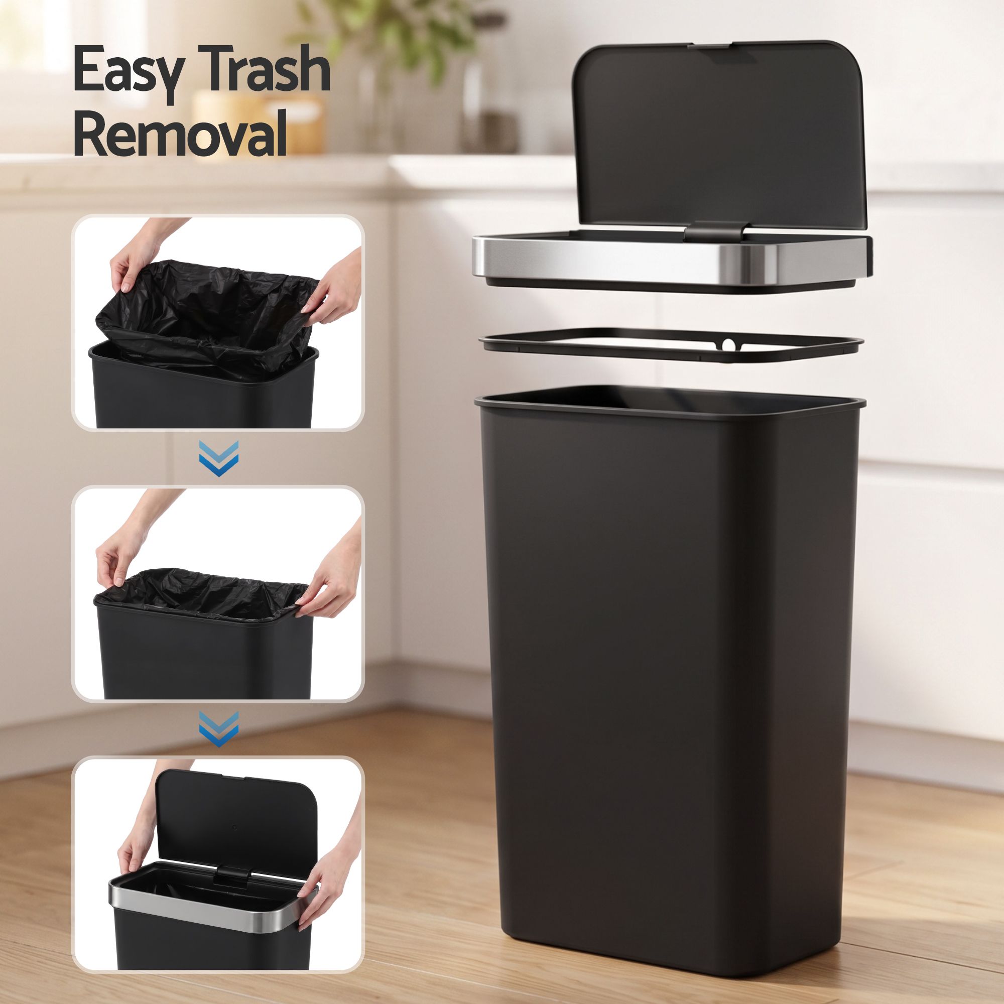 Devanti 50L Motion Sensor Trash Bin Automatic Kitchen Waste Dustbin Black Bedworld