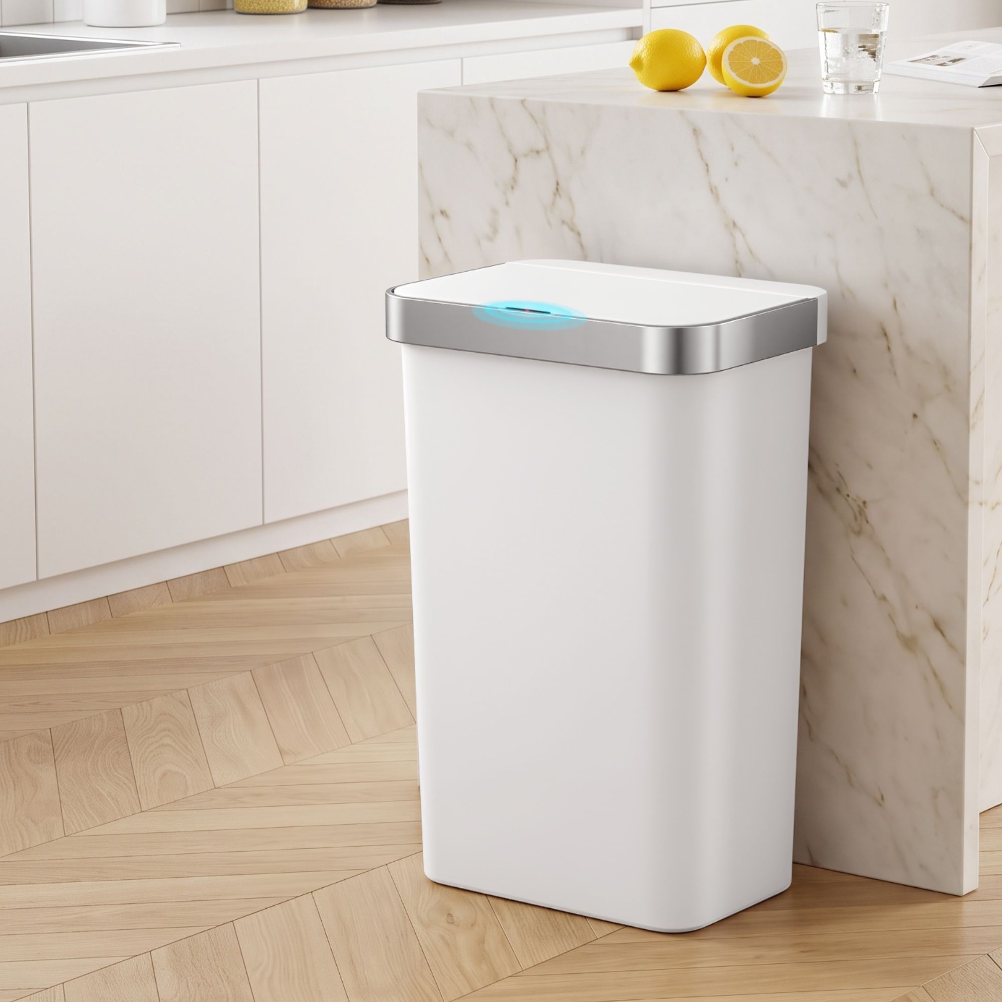 Devanti 50L Motion Sensor Trash Bin Automatic Kitchen Waste Dustbin White Bedworld