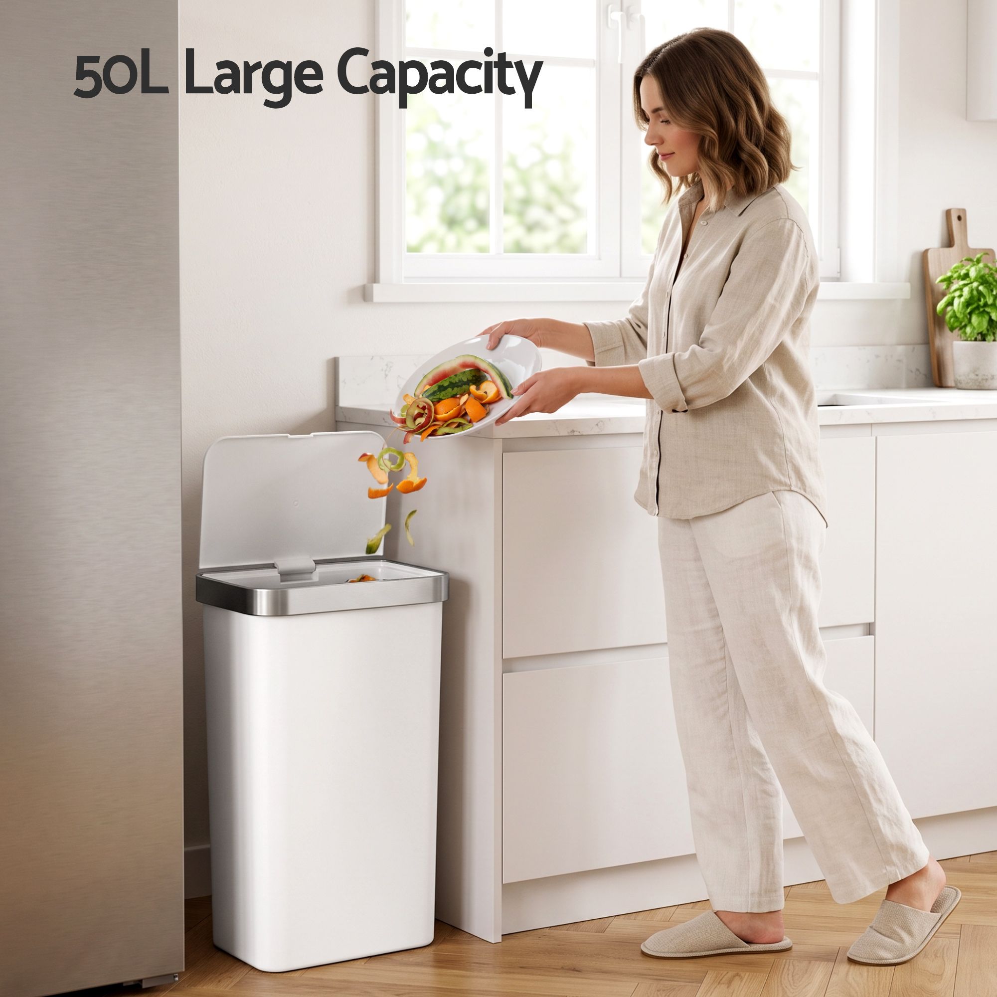 Devanti 50L Motion Sensor Trash Bin Automatic Kitchen Waste Dustbin White Bedworld