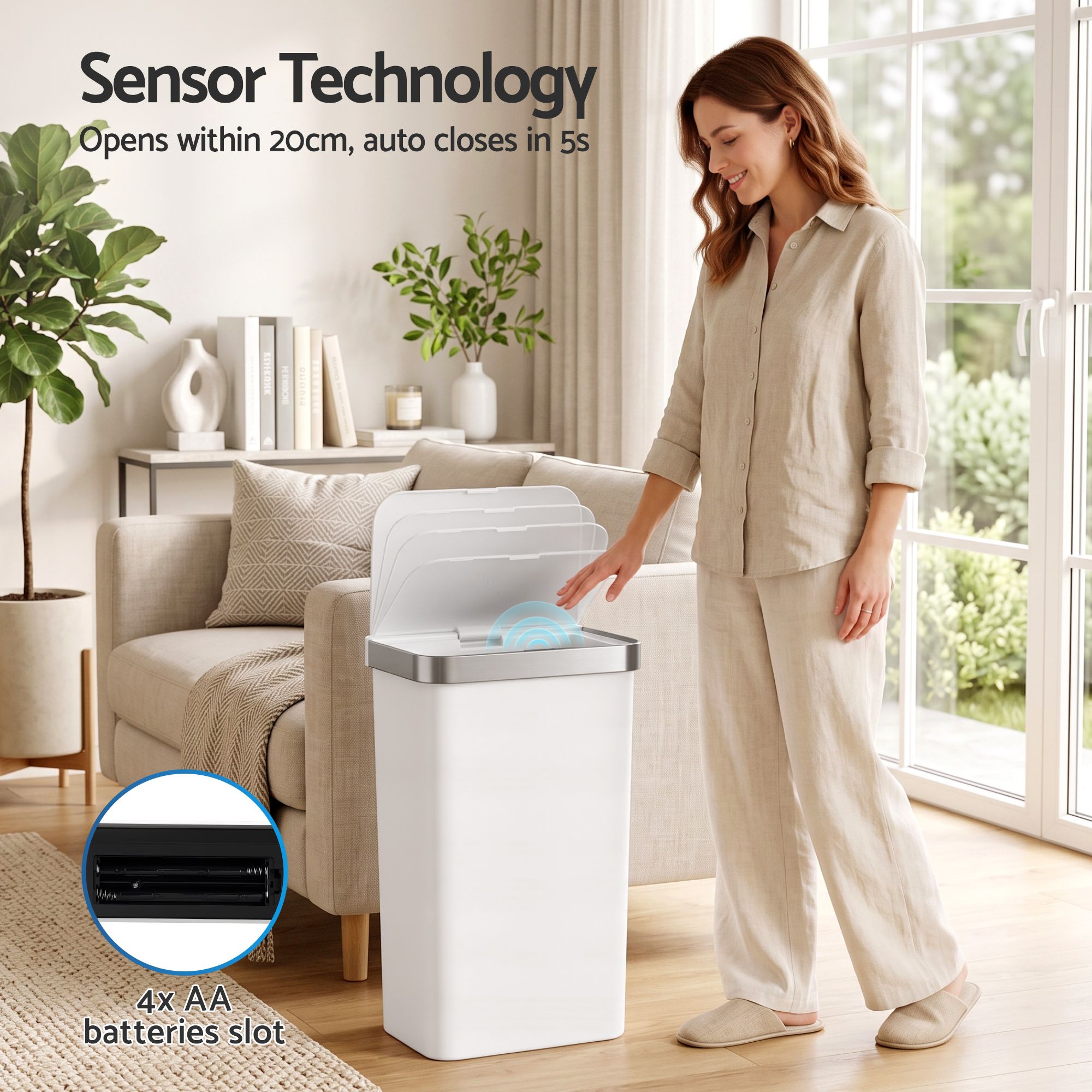 Devanti 50L Motion Sensor Trash Bin Automatic Kitchen Waste Dustbin White Bedworld