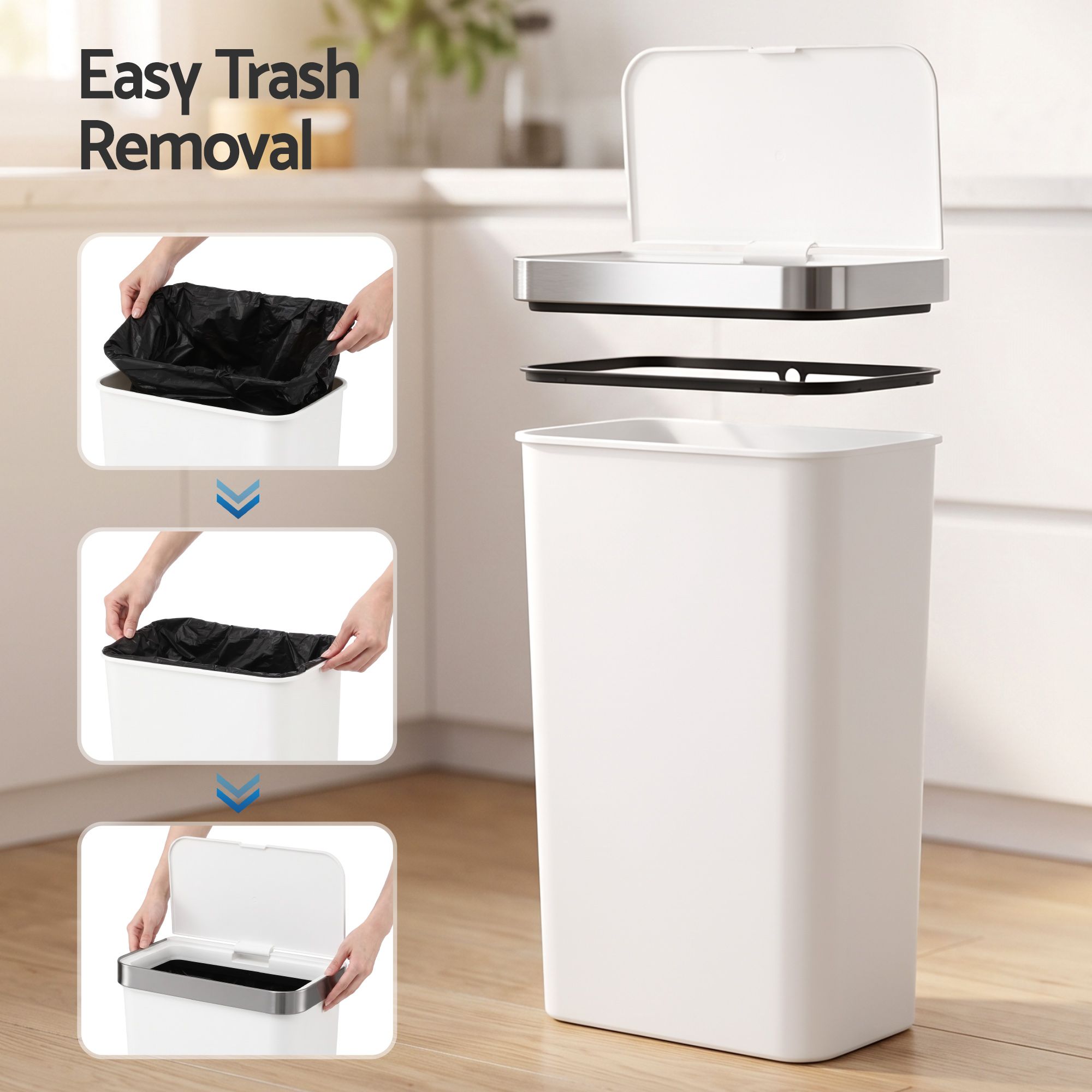 Devanti 50L Motion Sensor Trash Bin Automatic Kitchen Waste Dustbin White Bedworld