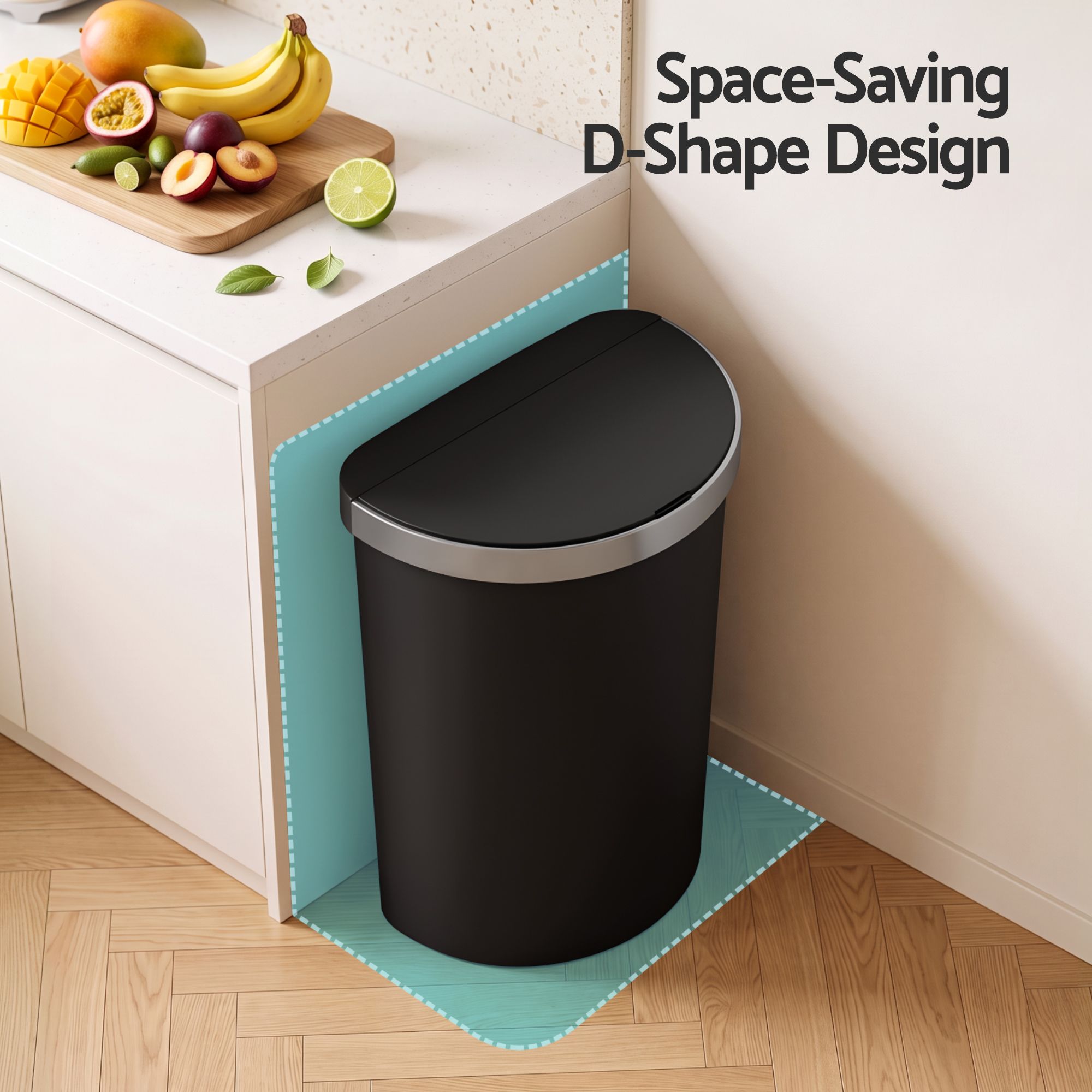 Devanti 50L Sensor Bin D-Shape Trash Can Kitchen Smart Rubbish Bin Black Bedworld
