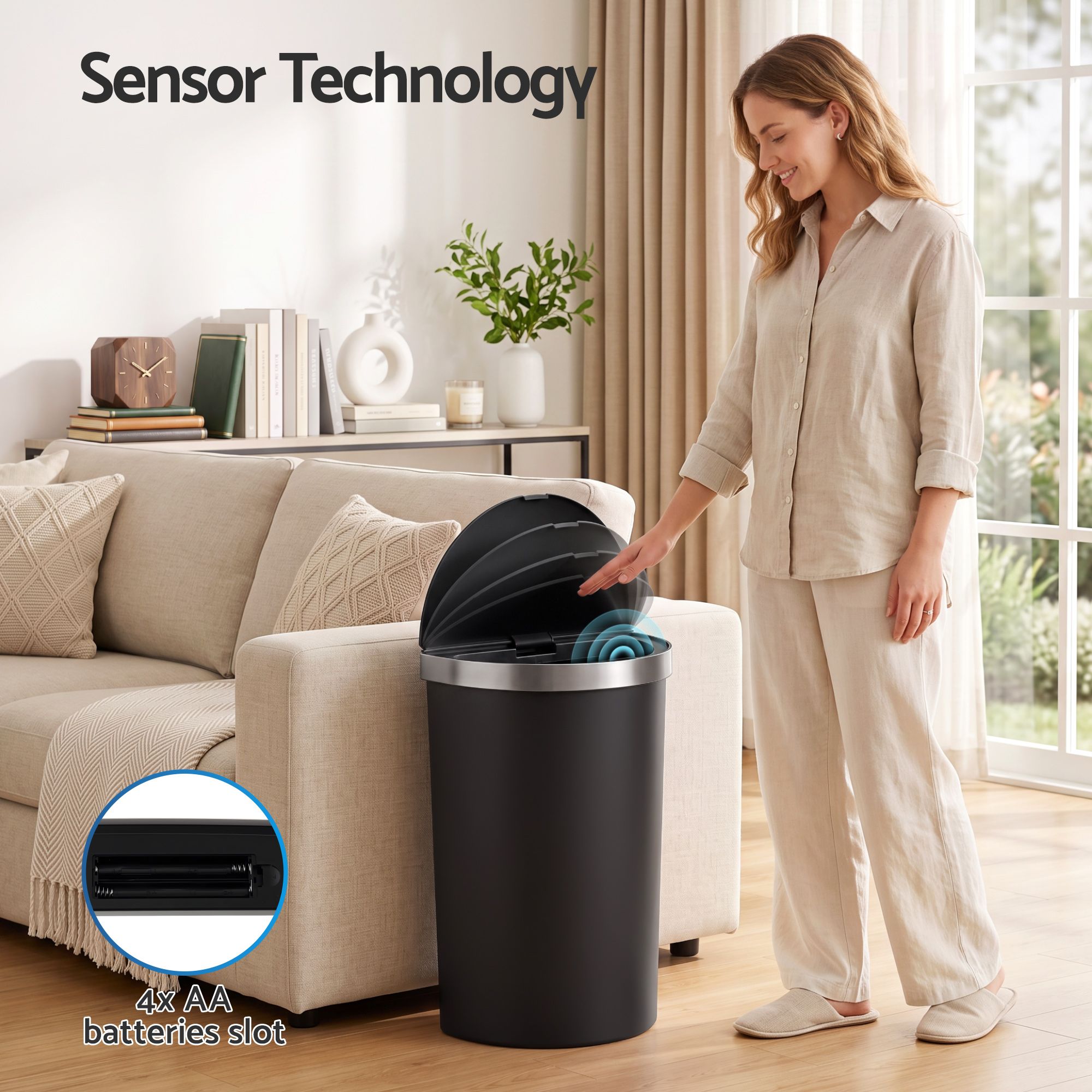 Devanti 50L Sensor Bin D-Shape Trash Can Kitchen Smart Rubbish Bin Black Bedworld