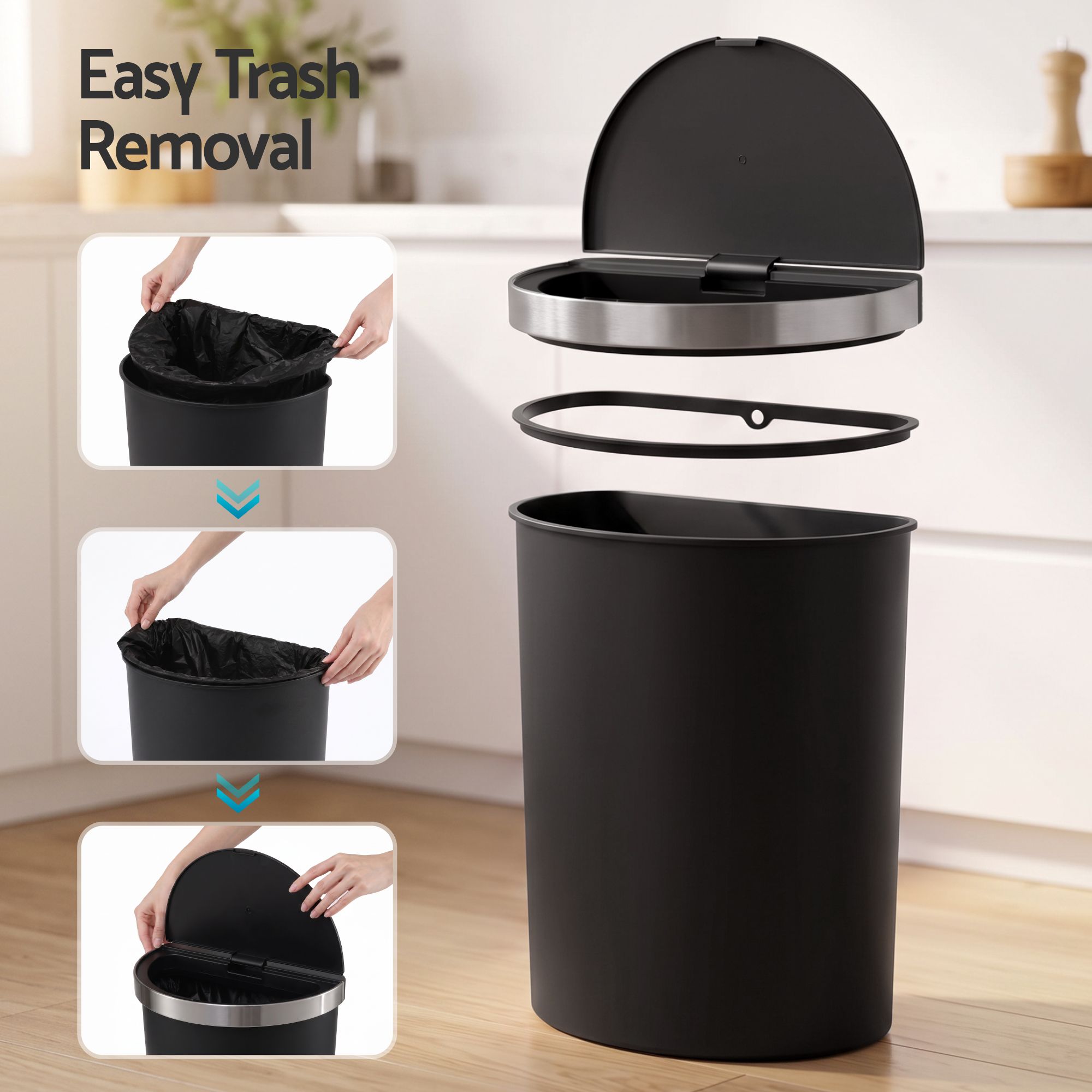 Devanti 50L Sensor Bin D-Shape Trash Can Kitchen Smart Rubbish Bin Black Bedworld