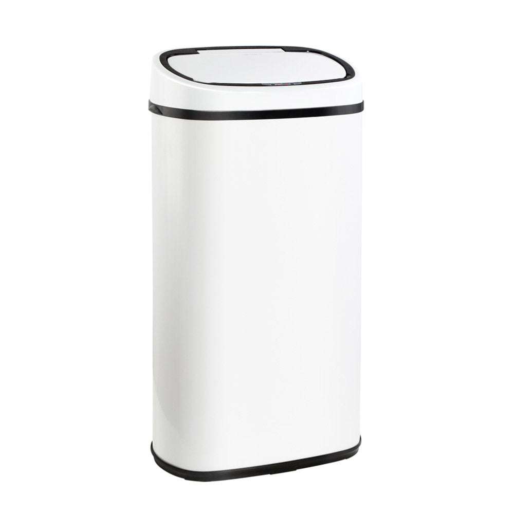 Devanti 58L motion sensor bin rubbish automatic white with steel body and hands-free operation.