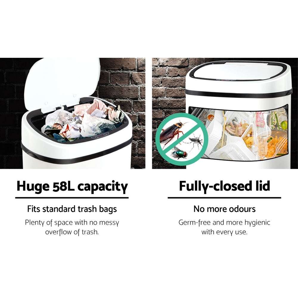 Devanti 58L Motion Sensor Bin Rubbish Automatic White with large capacity and fully-closed lid for odour-free hygiene.