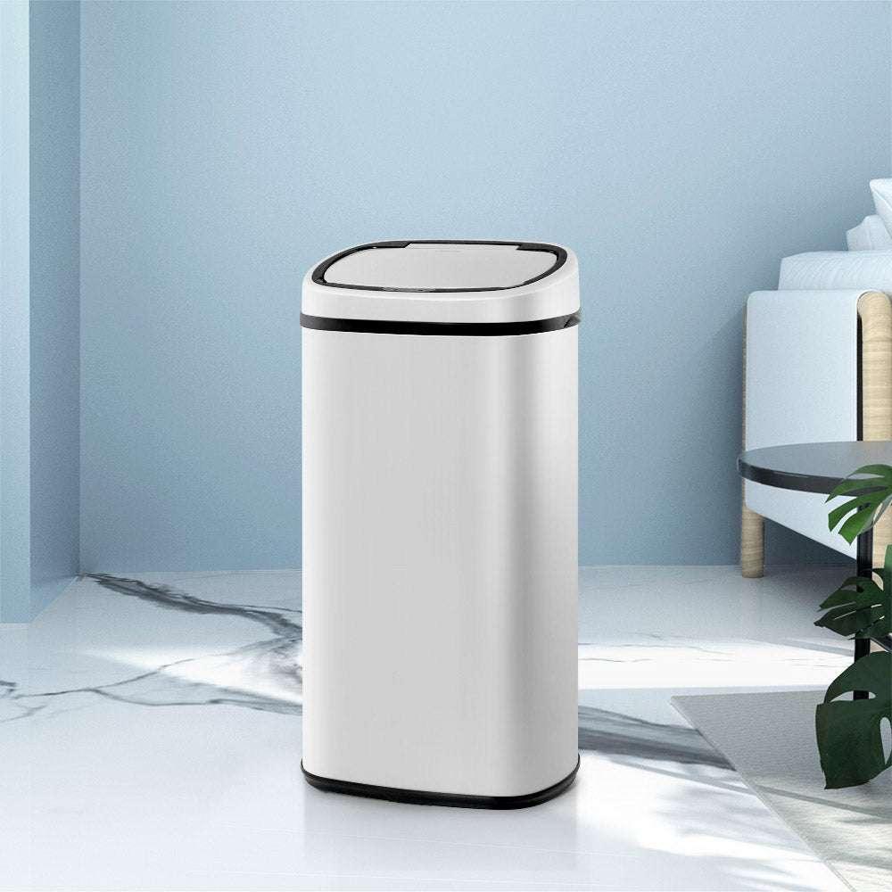 Devanti 58L motion sensor bin, automatic white, hands-free rubbish disposal.