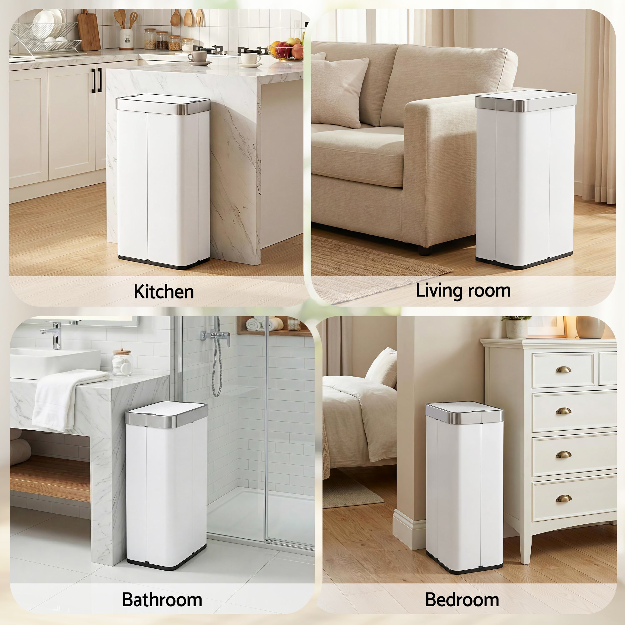 Devanti Rubbish Bin 70L Automatic Sensor Kitchen Bin, Slim Smart Garbage Can Touchless Rectangular with Liner Holder, Fully Closed Lid for Bedroom, Bathroom, Living Room, White