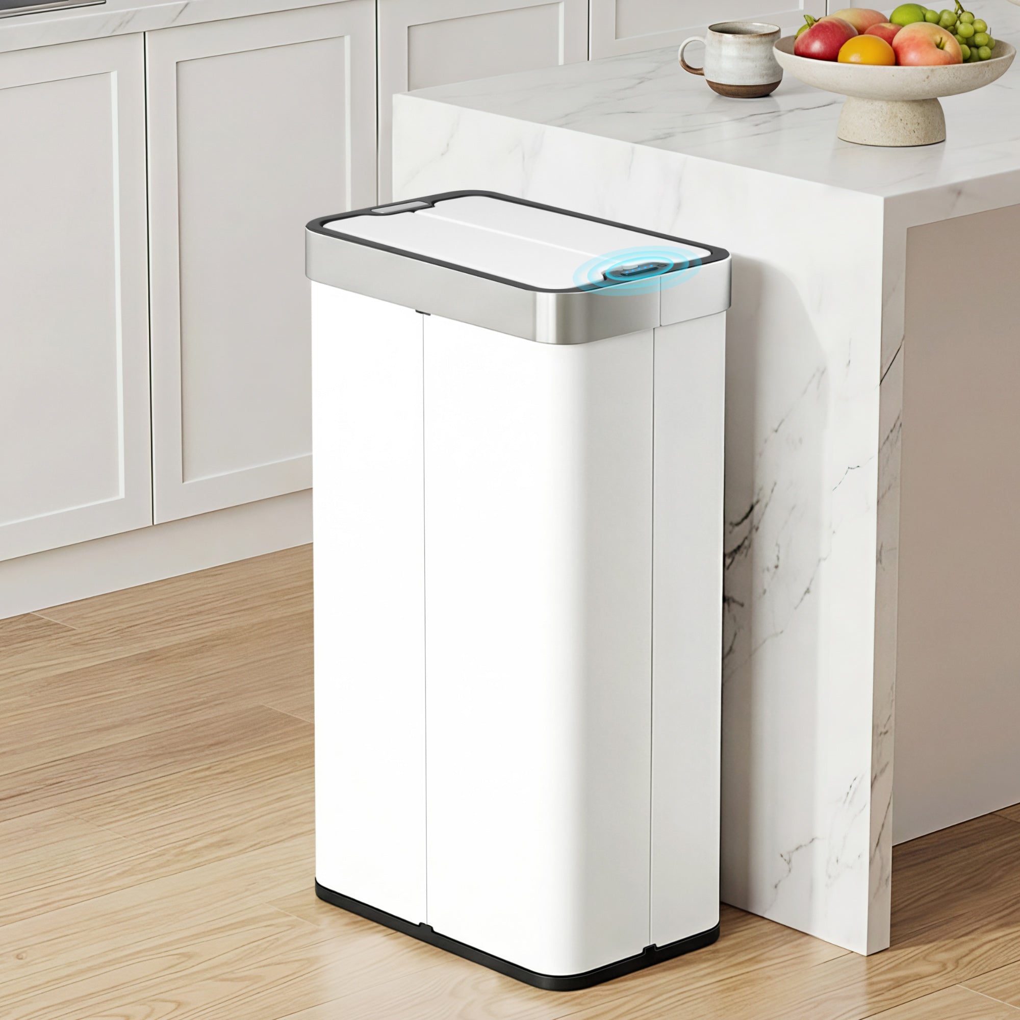 Devanti Rubbish Bin 70L Automatic Sensor Kitchen Bin, Slim Smart Garbage Can Touchless Rectangular with Liner Holder, Fully Closed Lid for Bedroom, Bathroom, Living Room, White