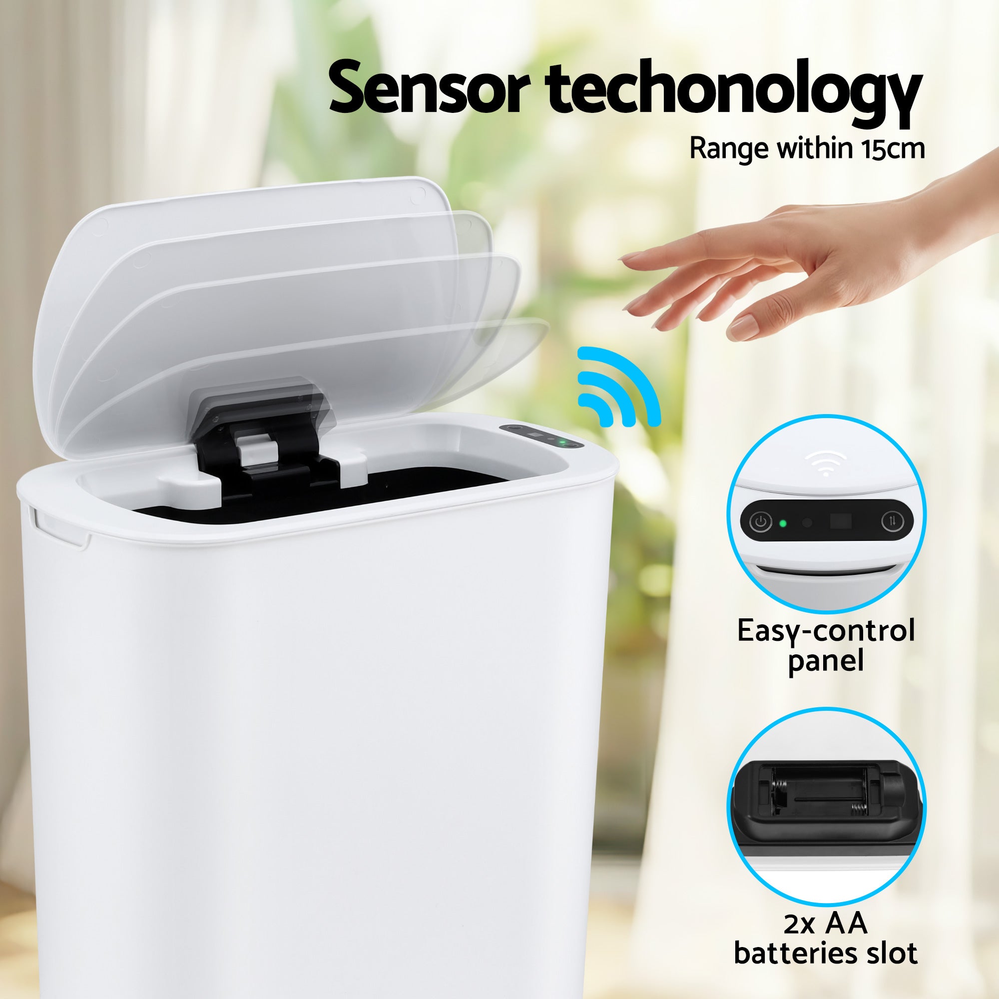 Devanti Automatic Trash Bin with Lid 25L Motion Sensor Kitchen Bin Touchless Garbage Can Plastic Slim Rubbish Bin with Liner Holder for Kitchen, Home, Office, White