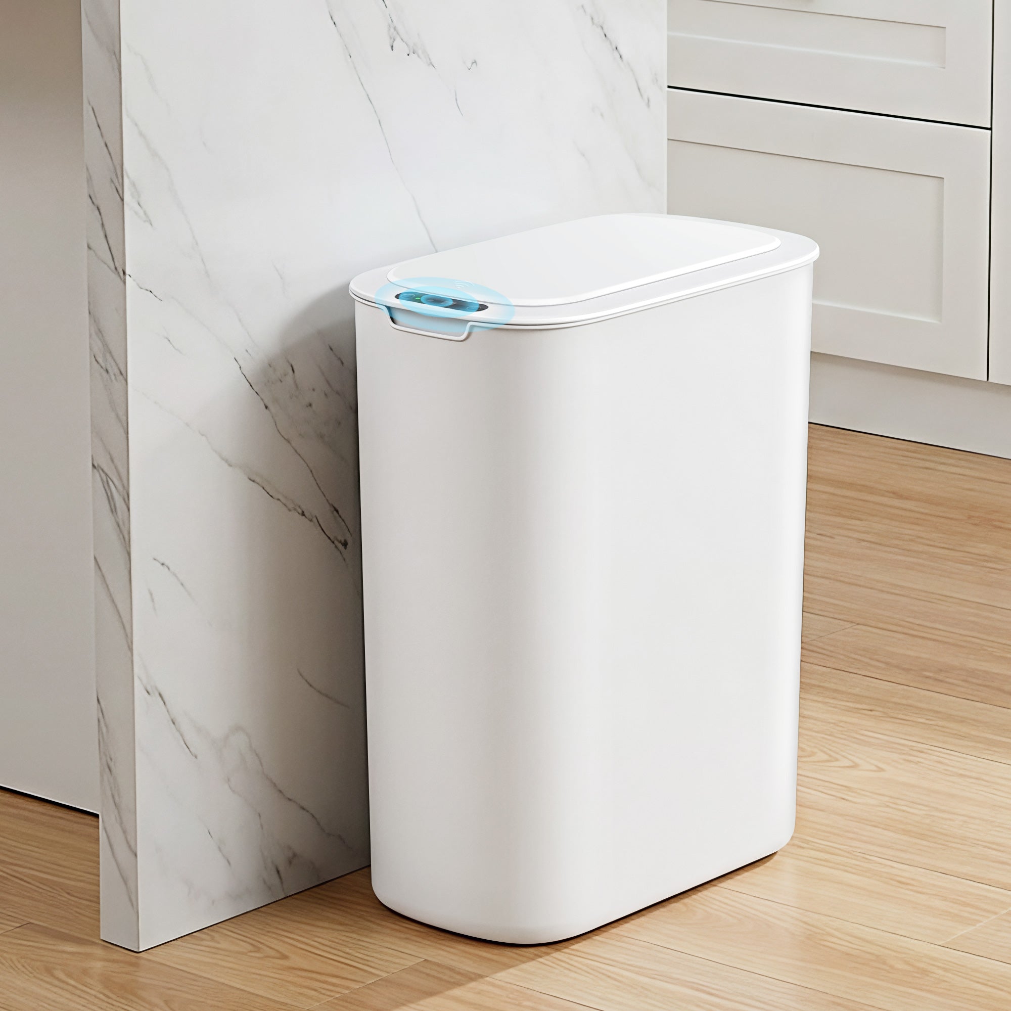 Devanti Automatic Trash Bin with Lid 25L Motion Sensor Kitchen Bin Touchless Garbage Can Plastic Slim Rubbish Bin with Liner Holder for Kitchen, Home, Office, White