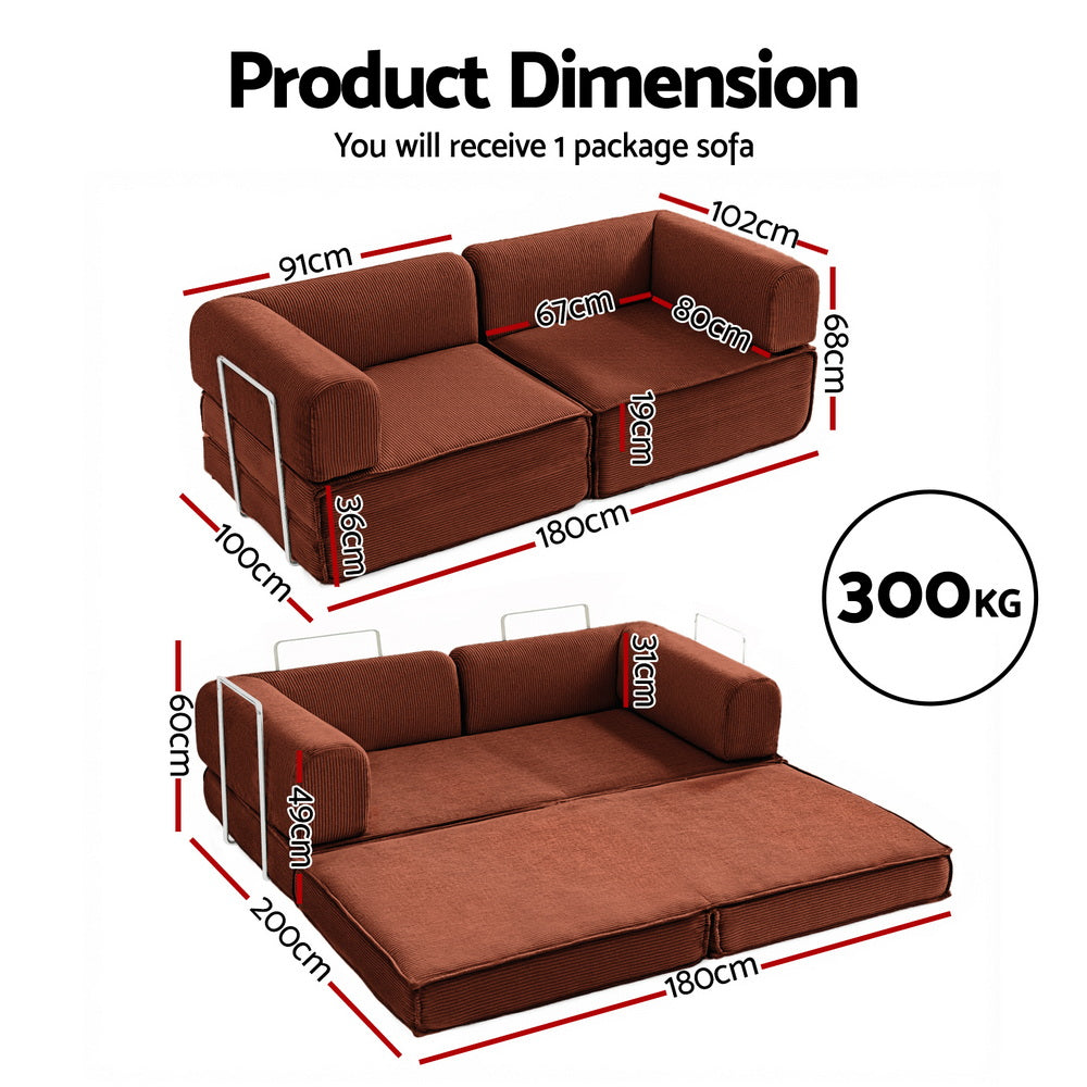 Artiss Convertible Folding Sofa Bed Pull Out Mattress Sleeper Couch Corduroy Orange Bedworld