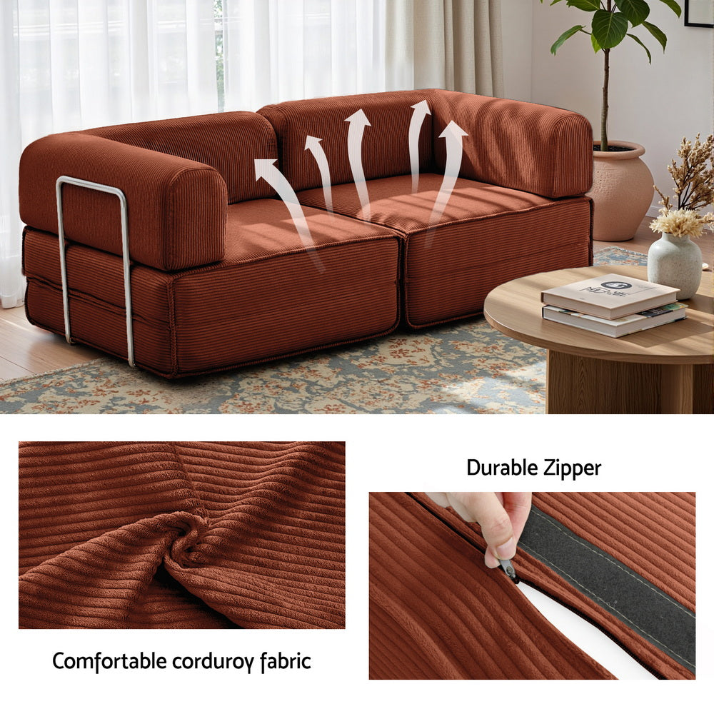 Artiss Convertible Folding Sofa Bed Pull Out Mattress Sleeper Couch Corduroy Orange Bedworld