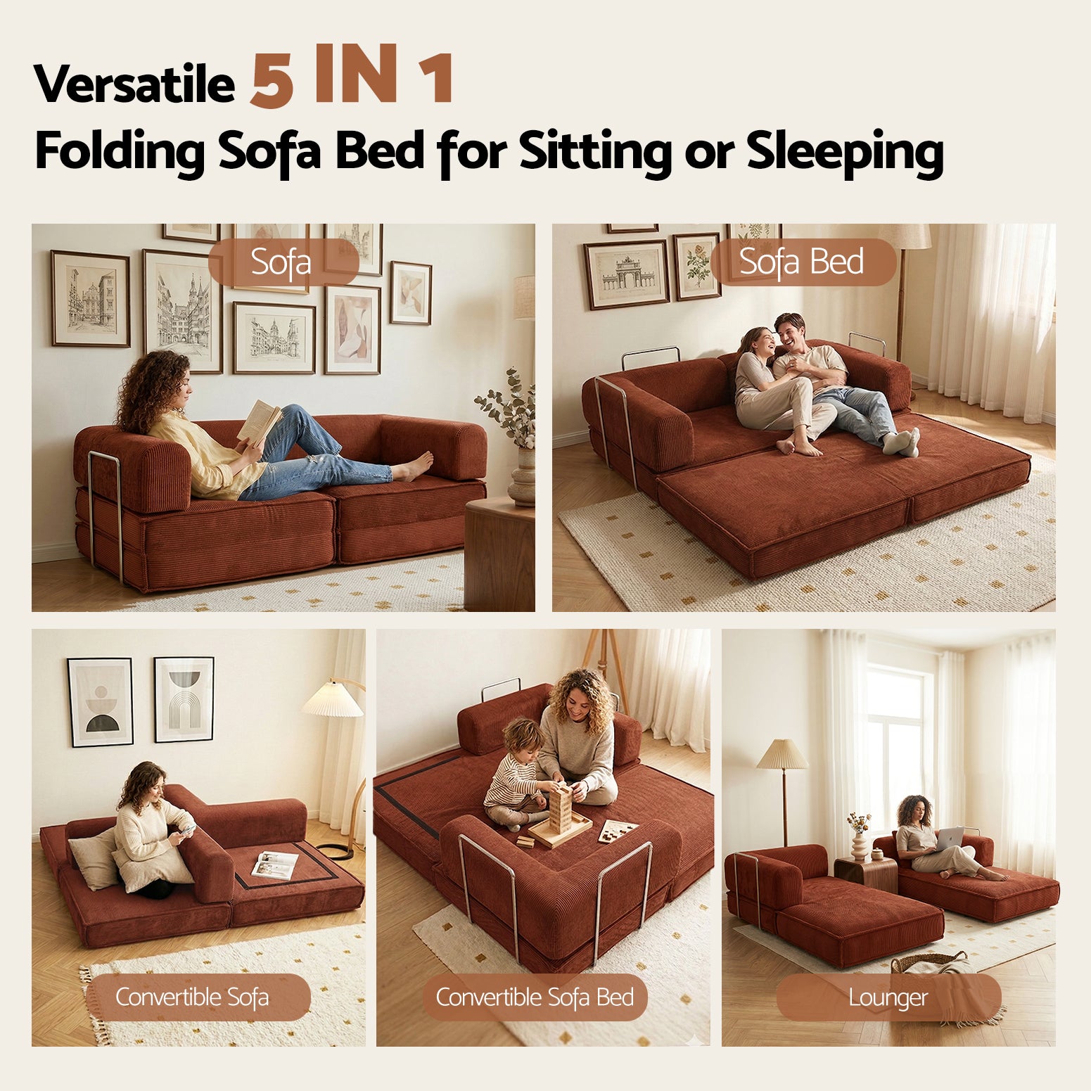 Artiss Convertible Folding Sofa Bed Pull Out Mattress Sleeper Couch Corduroy Orange Bedworld