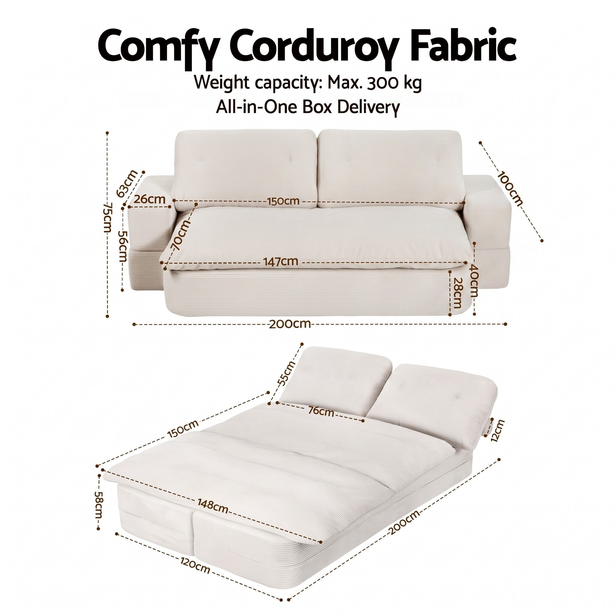 Artiss Convertible Folding Sofa Bed 30D High-Density Foam Boneless Couch with Corduroy Sleeper Couch Lounger for Living Room Beign Bedworld