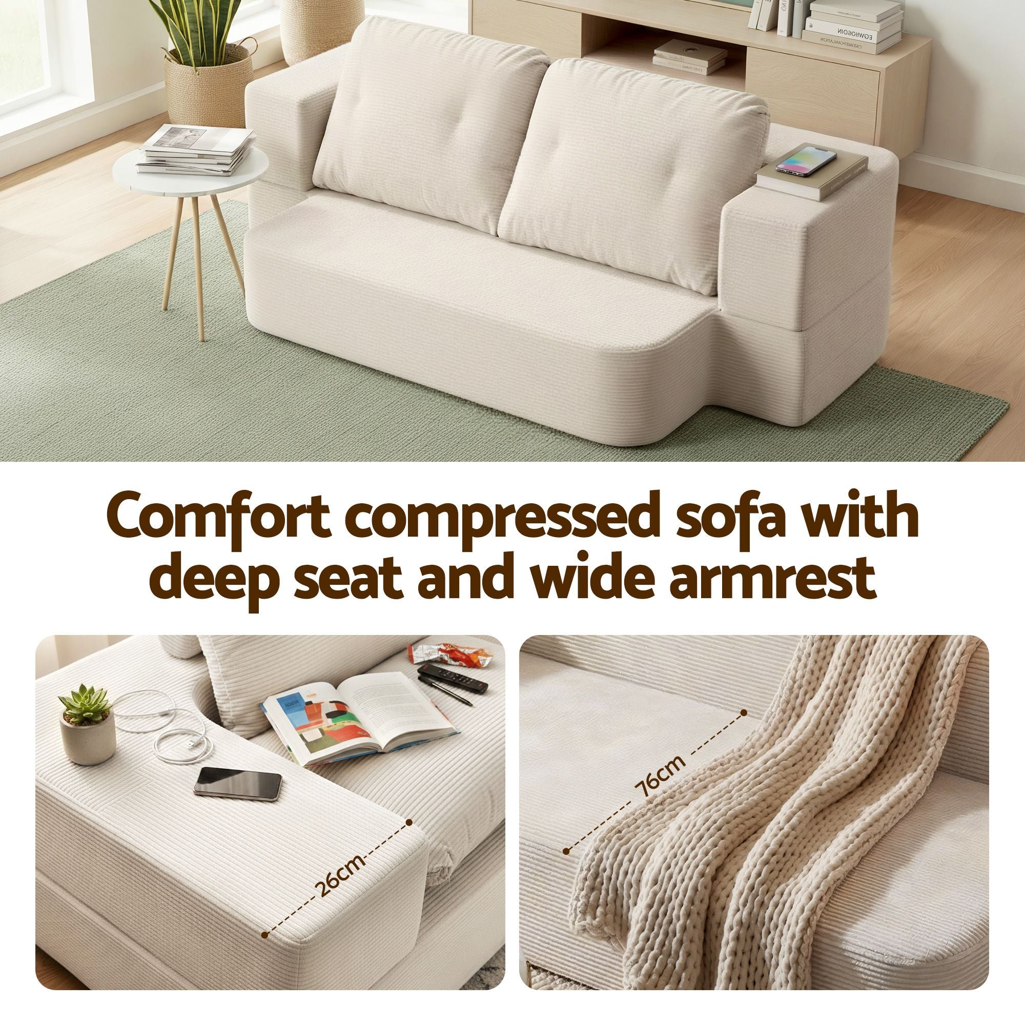 Artiss Convertible Folding Sofa Bed 30D High-Density Foam Boneless Couch with Corduroy Sleeper Couch Lounger for Living Room Beign Bedworld
