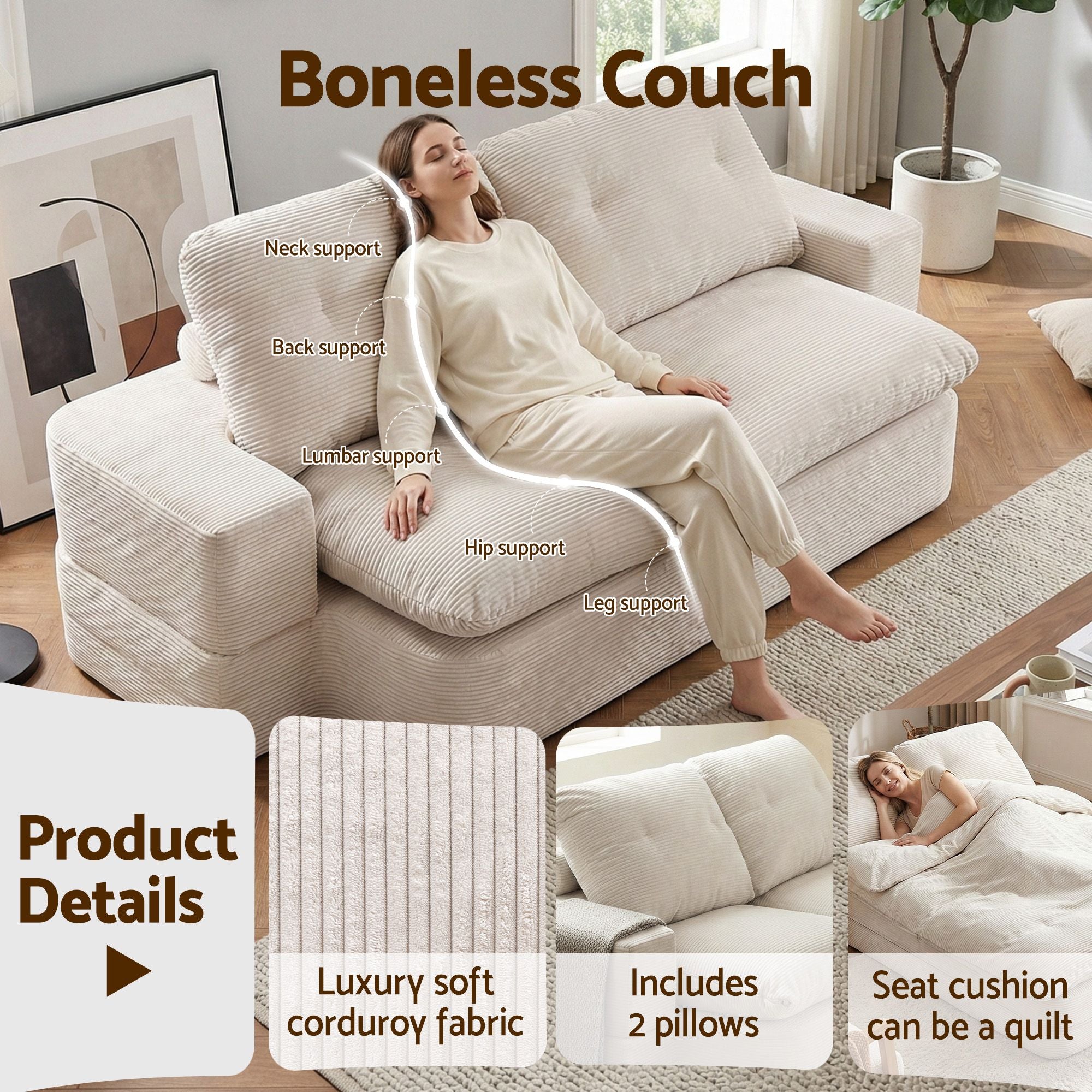 Artiss Convertible Folding Sofa Bed 30D High-Density Foam Boneless Couch with Corduroy Sleeper Couch Lounger for Living Room Beign Bedworld