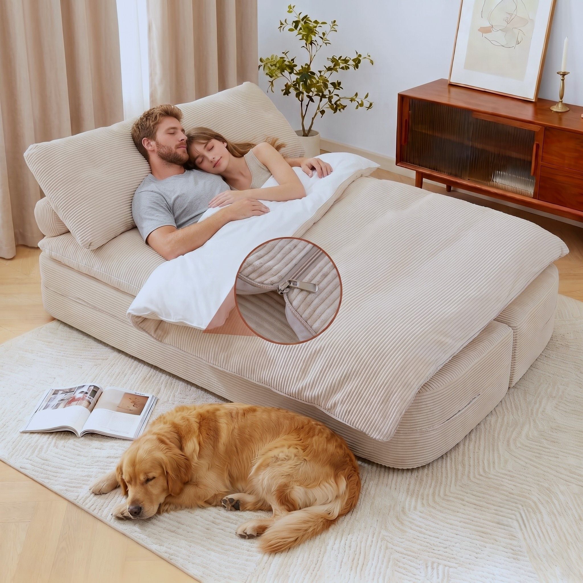 Artiss Convertible Folding Sofa Bed 30D High-Density Foam Boneless Couch with Corduroy Sleeper Couch Lounger for Living Room Beign Bedworld